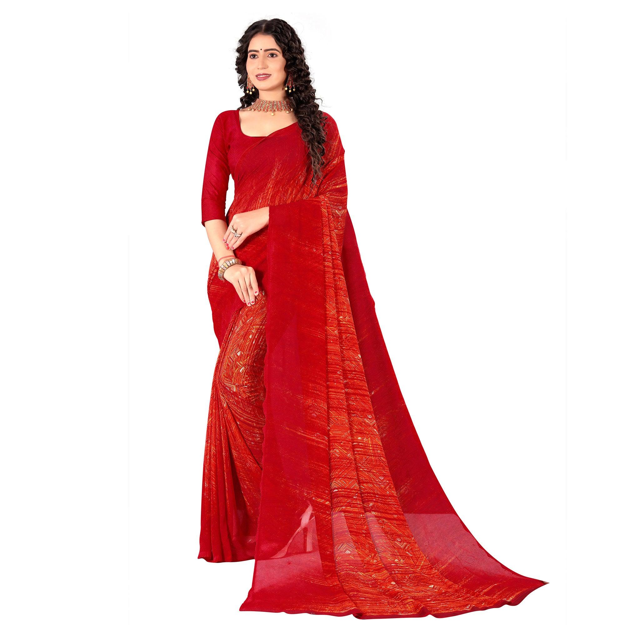 Red Casual Wear Digital Printed Georgette Saree - Peachmode