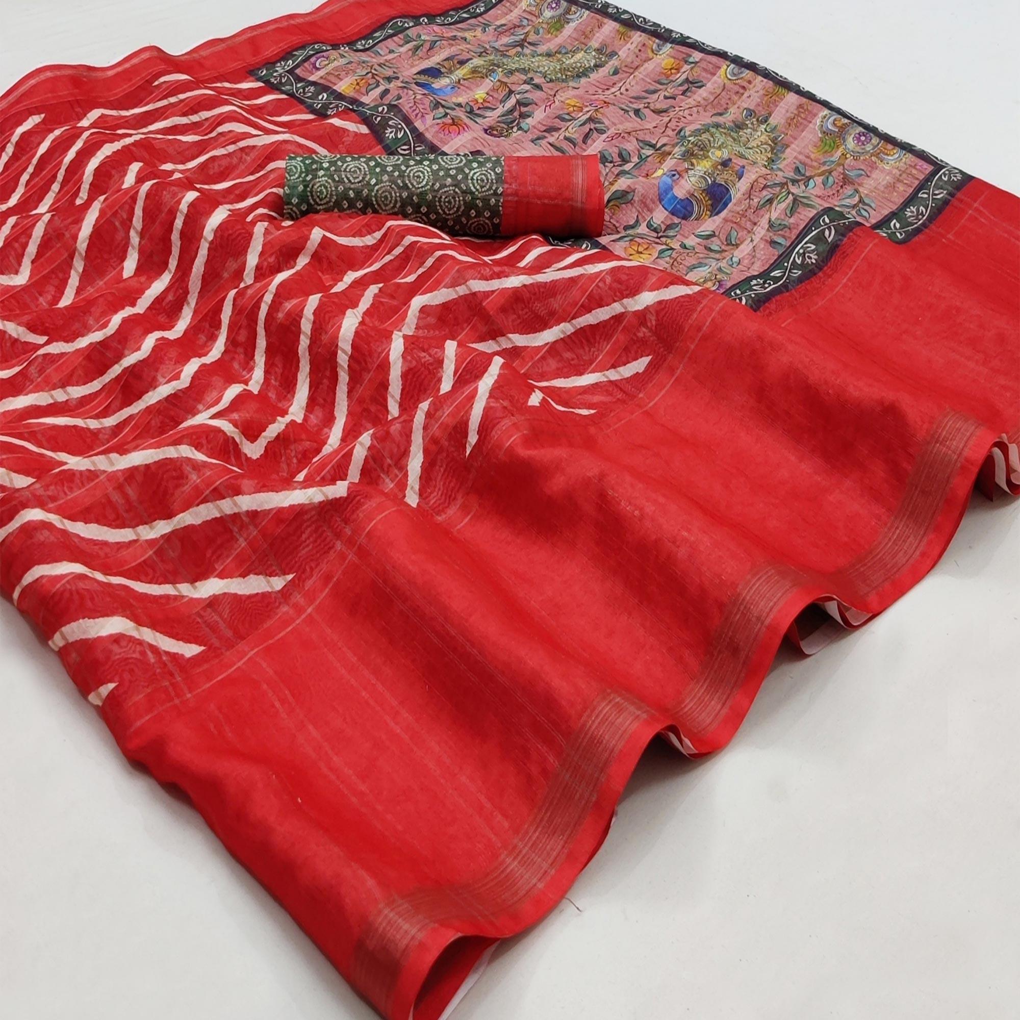 Red Casual Wear Digital Striped Printed Silk Saree With Jari Jacquard Border - Peachmode