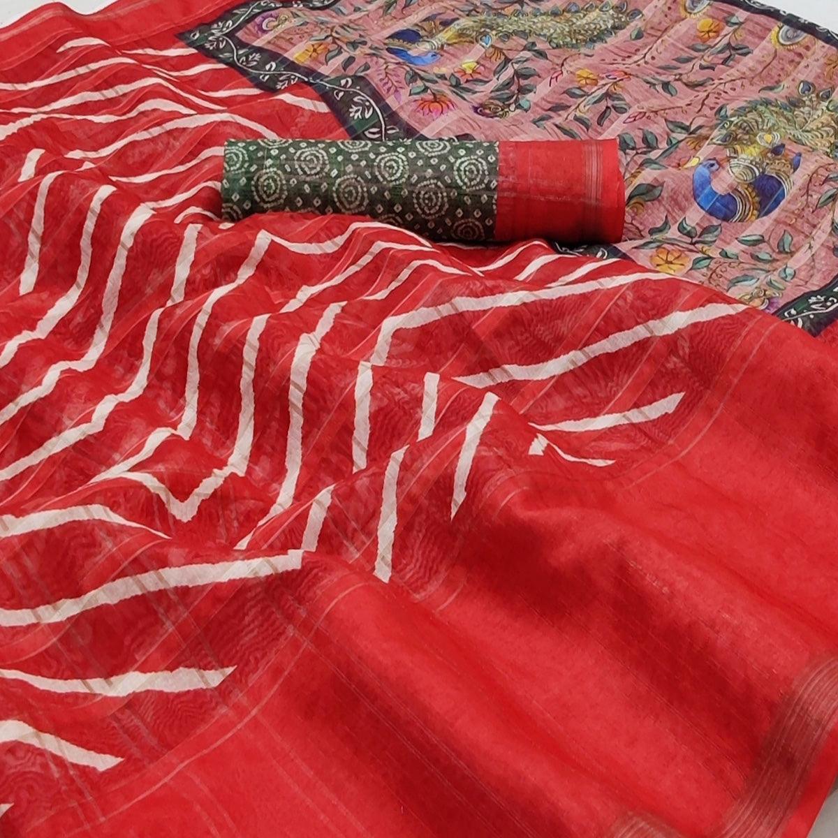 Red Casual Wear Digital Striped Printed Silk Saree With Jari Jacquard Border - Peachmode