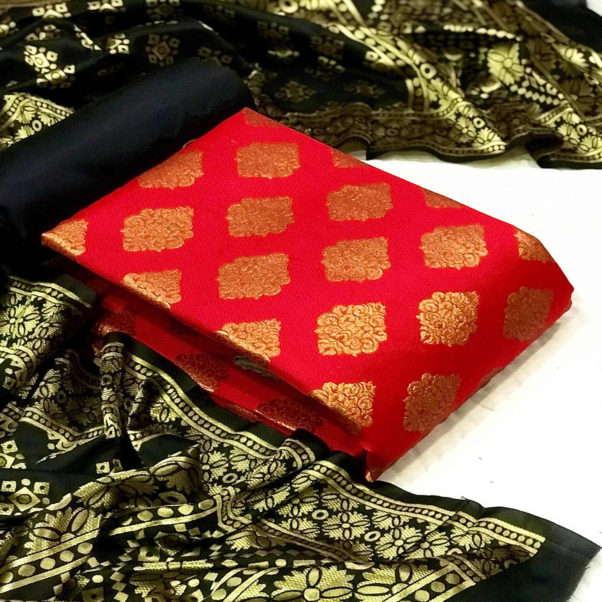 Red Casual Wear Embroidered Banarasi Silk Dress Material - Peachmode