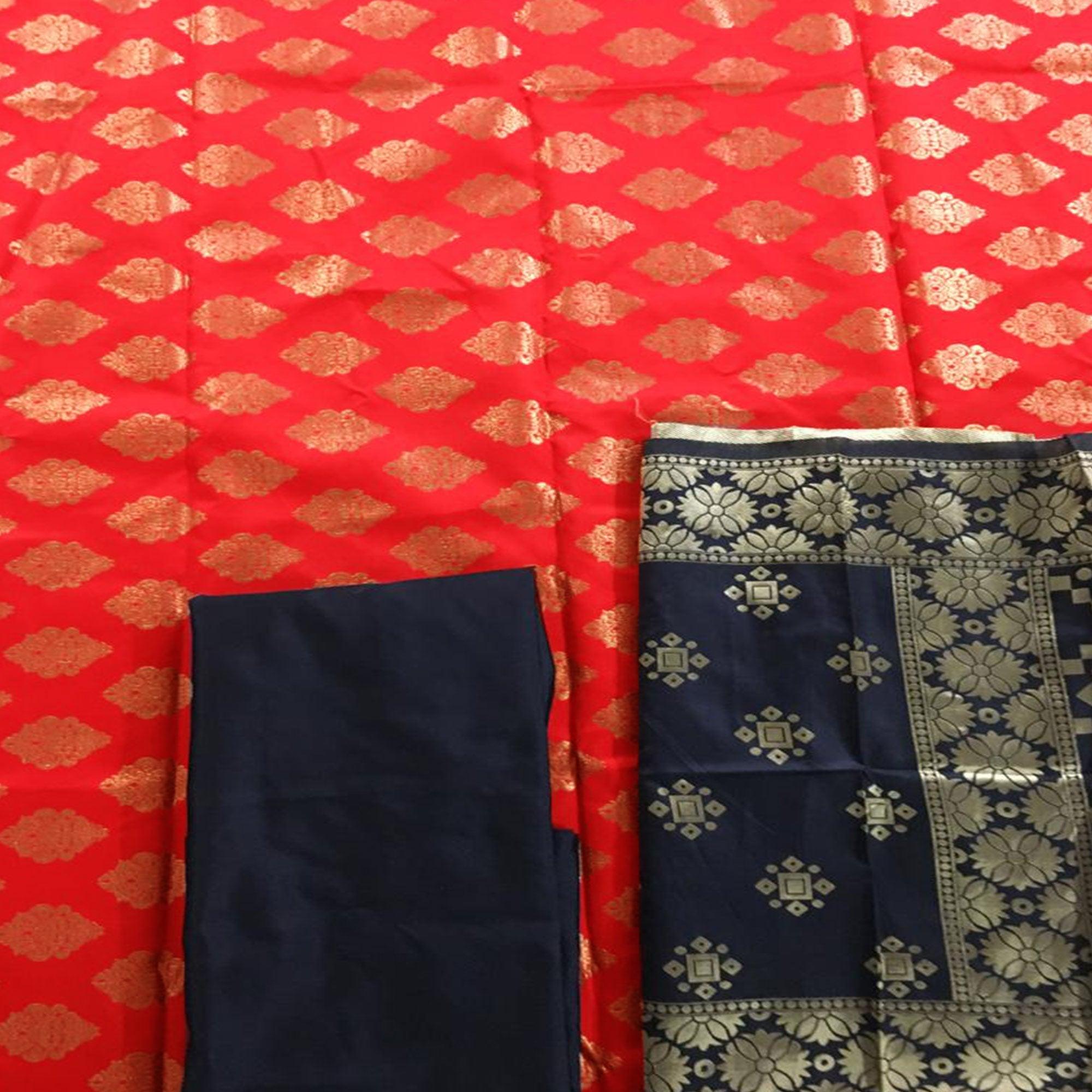 Red Casual Wear Embroidered Banarasi Silk Dress Material - Peachmode