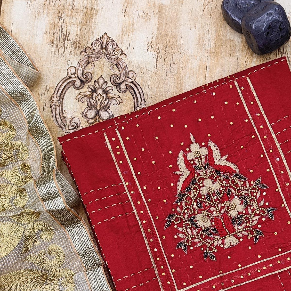 Red Casual Wear Embroidered Chanderi Dress Material - Peachmode