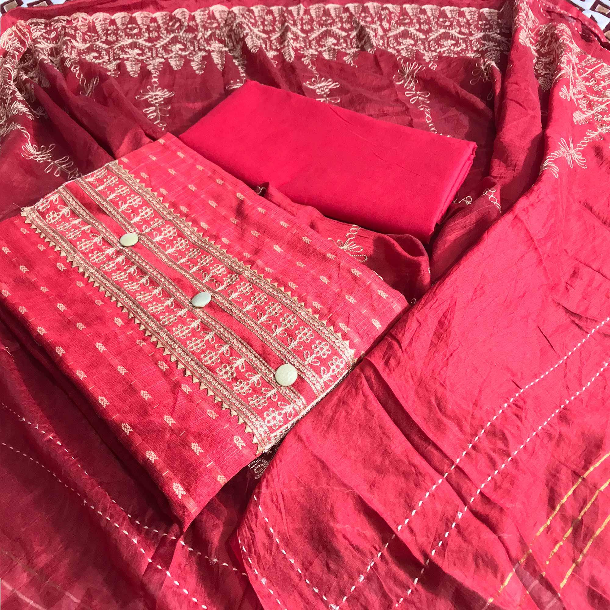 Red Casual Wear Embroidered Cotton Dress Material - Peachmode