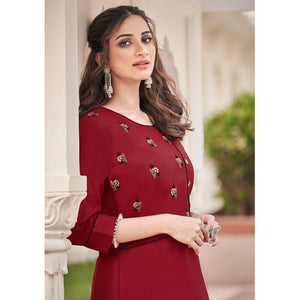 Red Casual Wear Embroidered Cotton Palazzo Suit - Peachmode