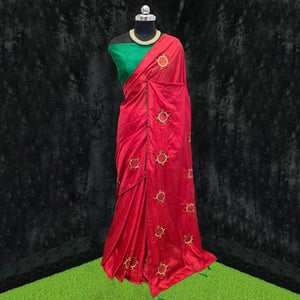 Red Casual Wear Embroidered Dola Silk Saree - Peachmode