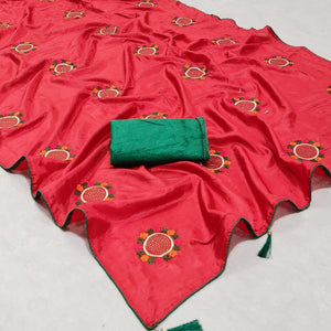 Red Casual Wear Embroidered Dola Silk Saree - Peachmode