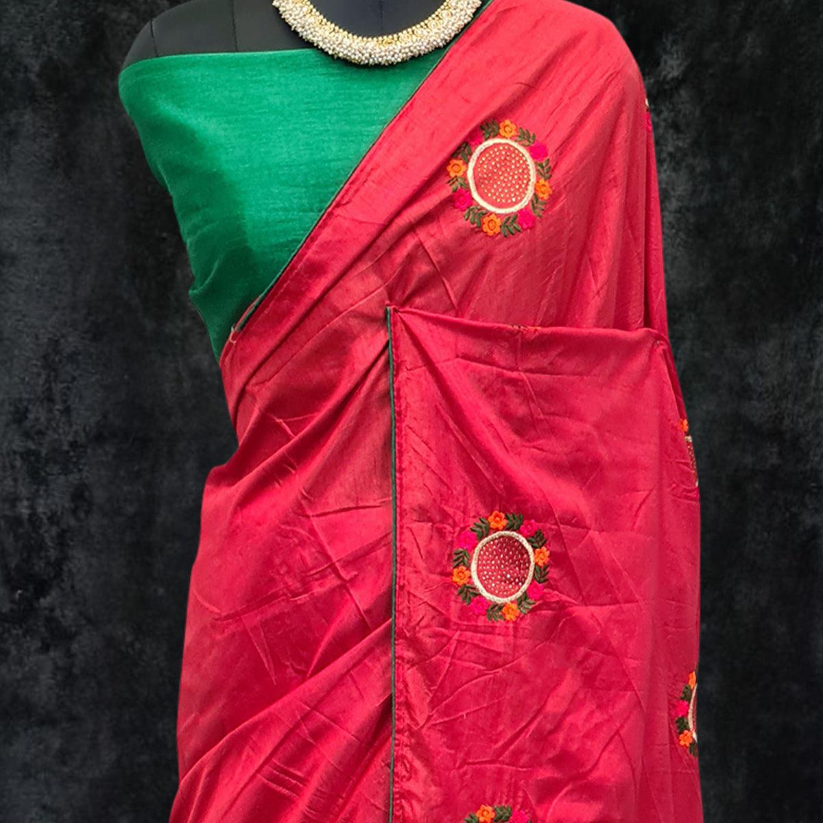 Red Casual Wear Embroidered Dola Silk Saree - Peachmode