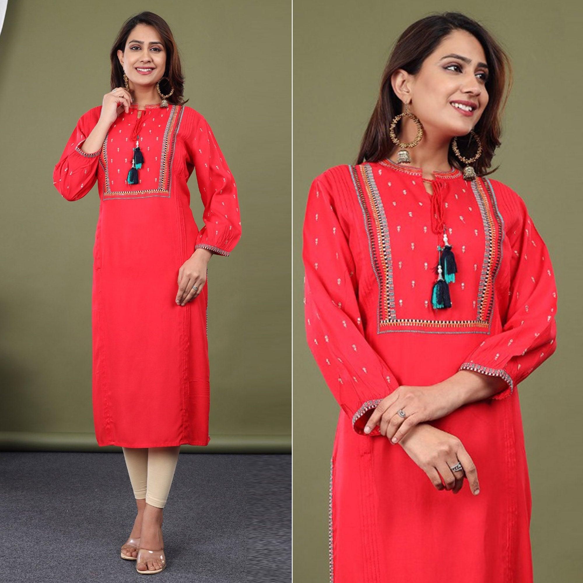 Red Casual Wear Embroidered Rayon Kurti - Peachmode