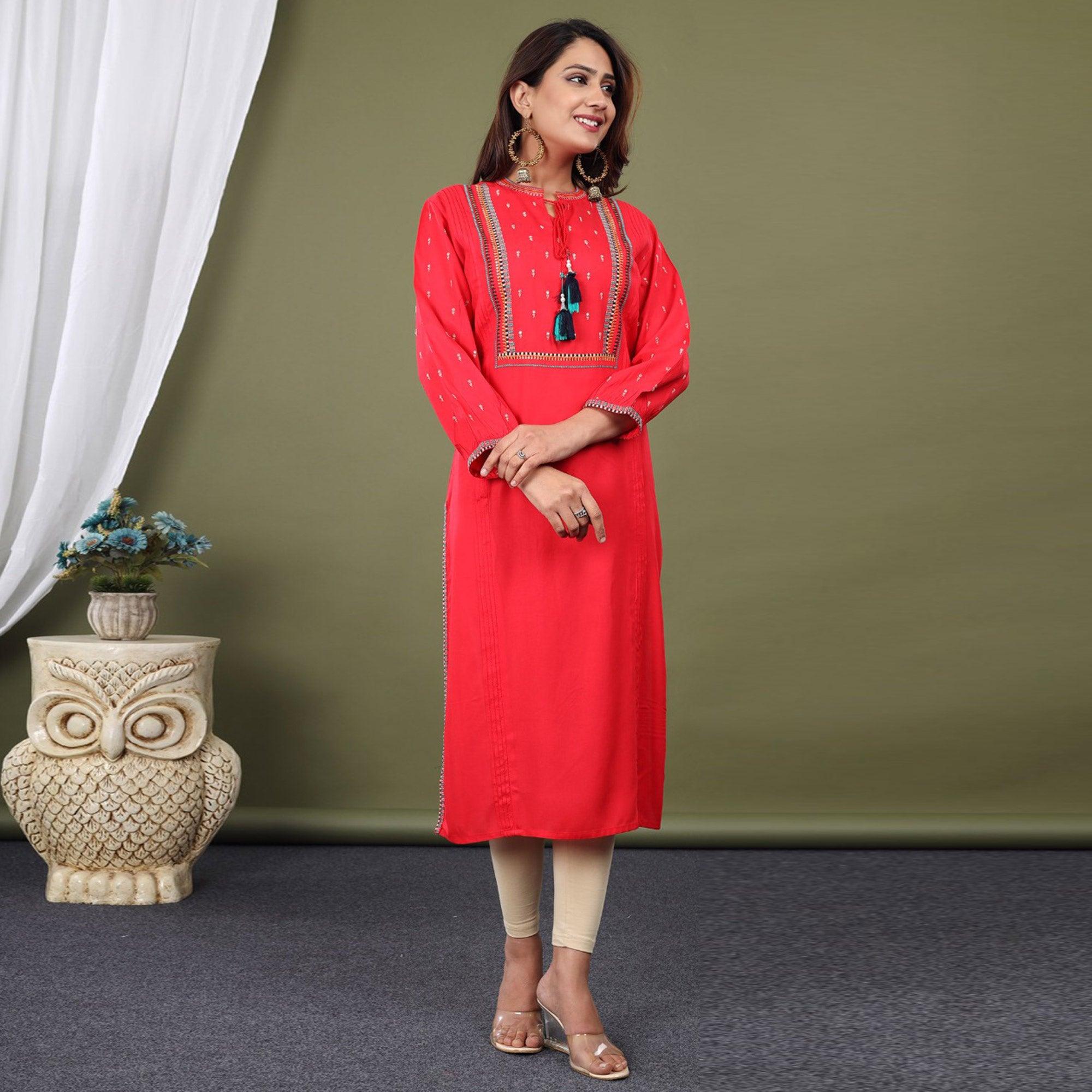 Red Casual Wear Embroidered Rayon Kurti - Peachmode