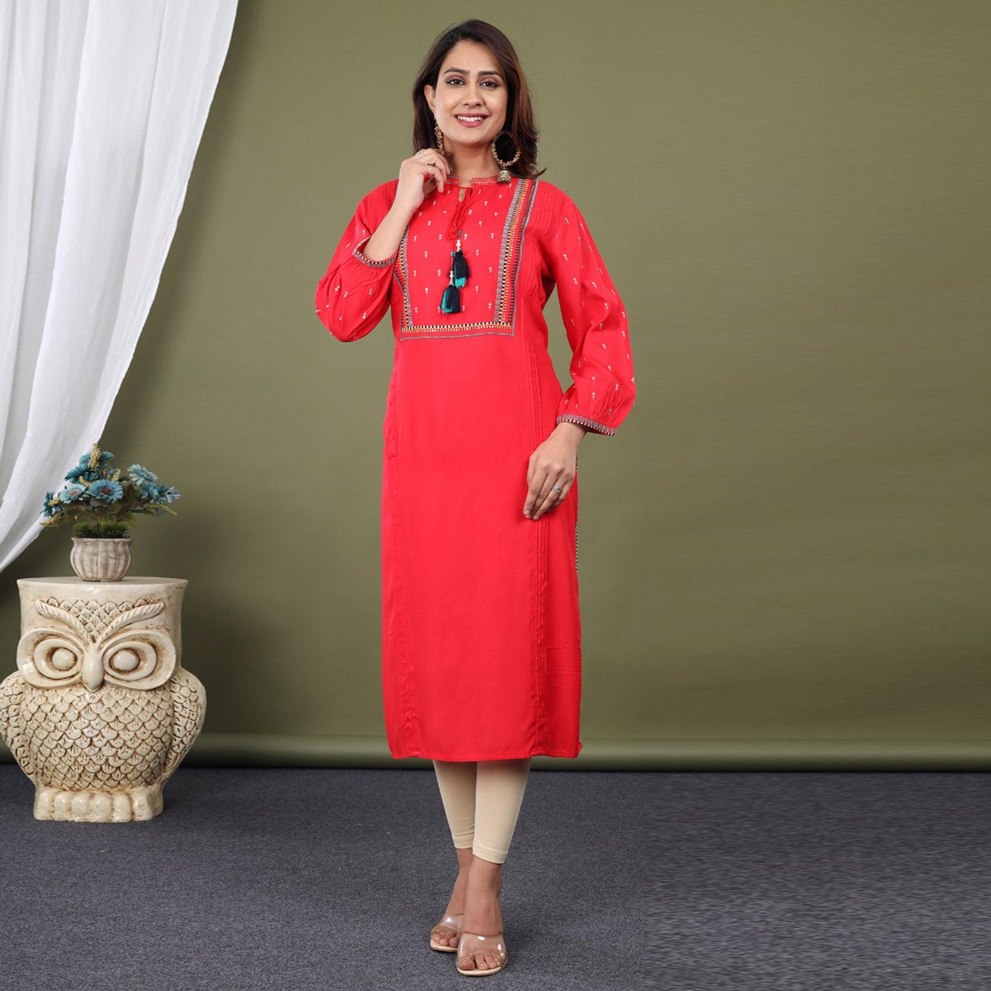 Red Casual Wear Embroidered Rayon Kurti - Peachmode