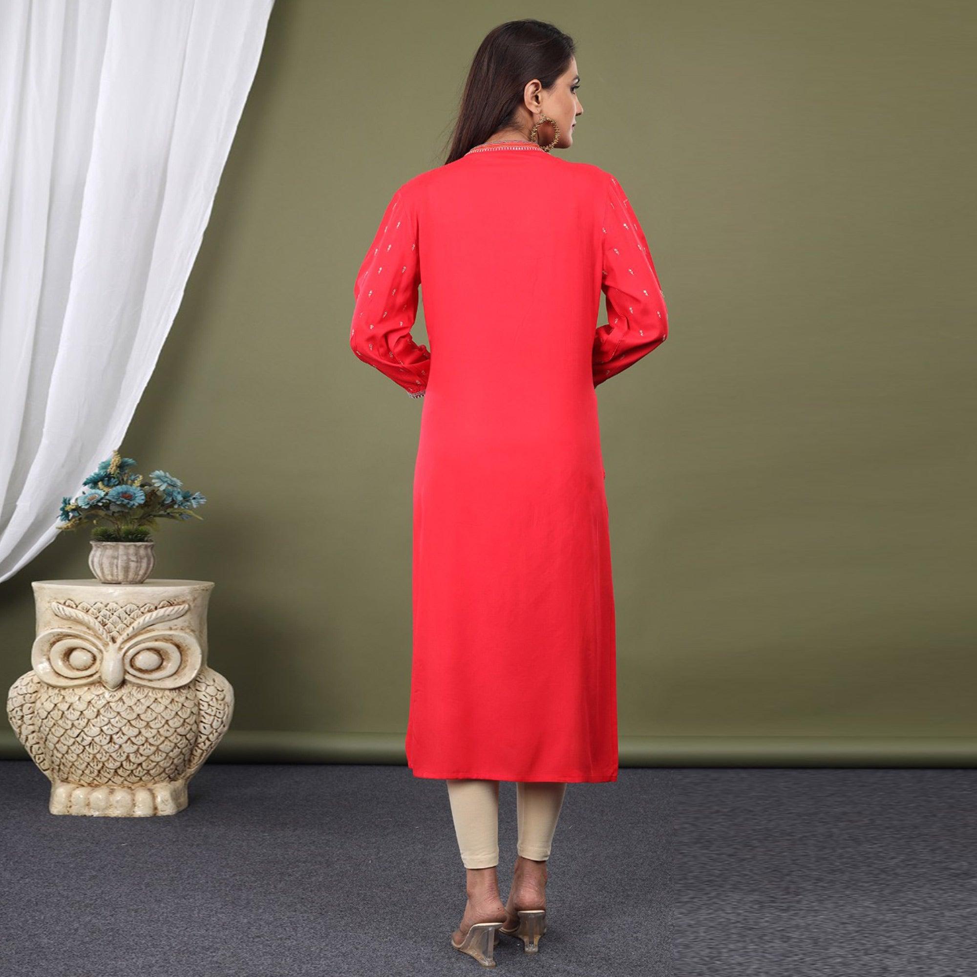Red Casual Wear Embroidered Rayon Kurti - Peachmode