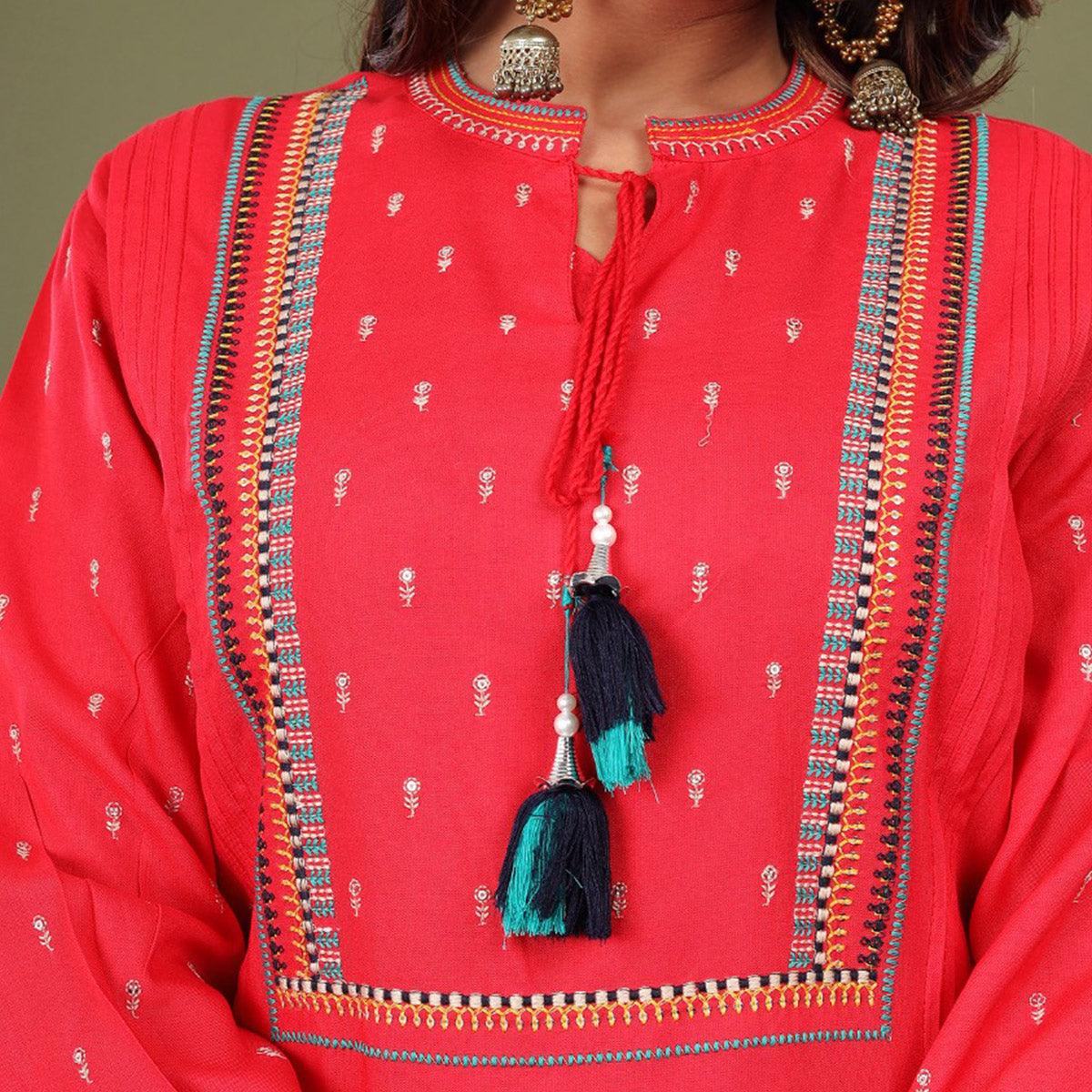 Red Casual Wear Embroidered Rayon Kurti - Peachmode