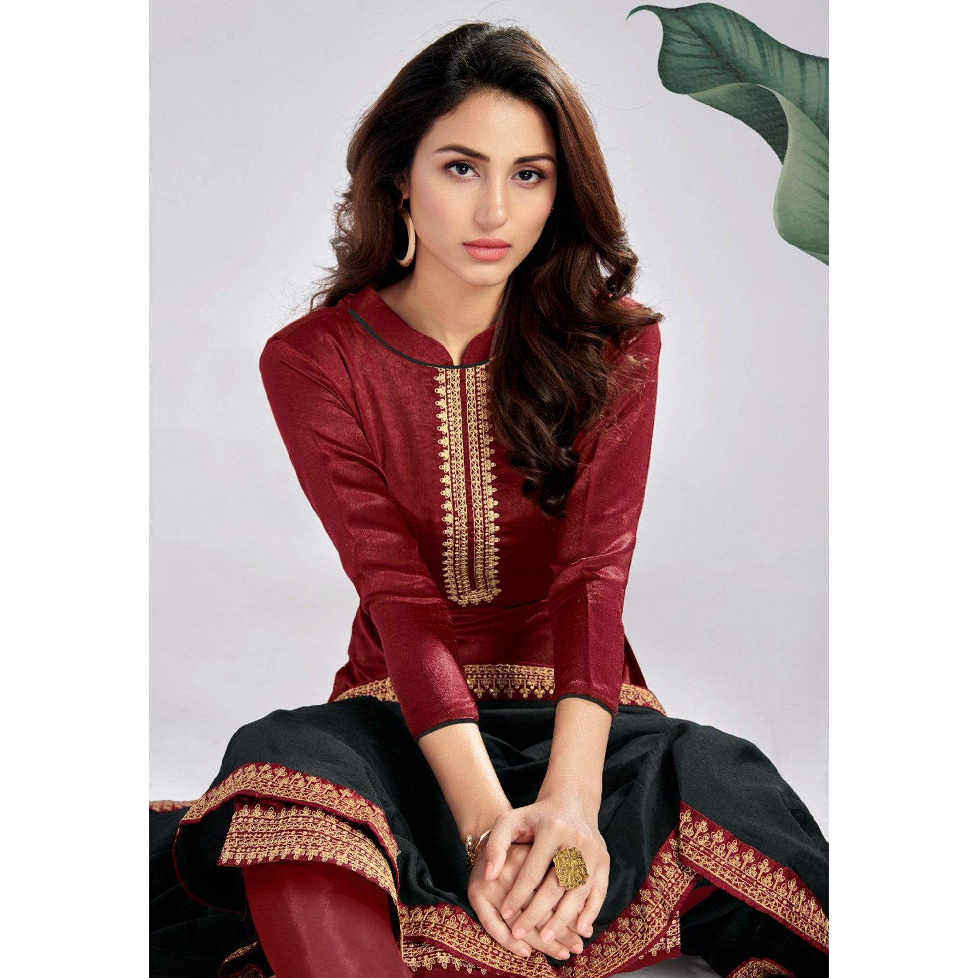 Red Casual Wear Embroidered Sanaya Silk Dress Material - Peachmode