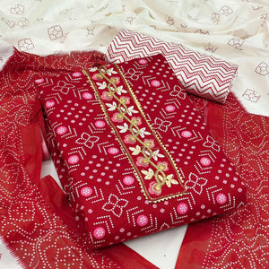 Red Casual Wear Embroidery With Print Cotton Dress Material - Peachmode