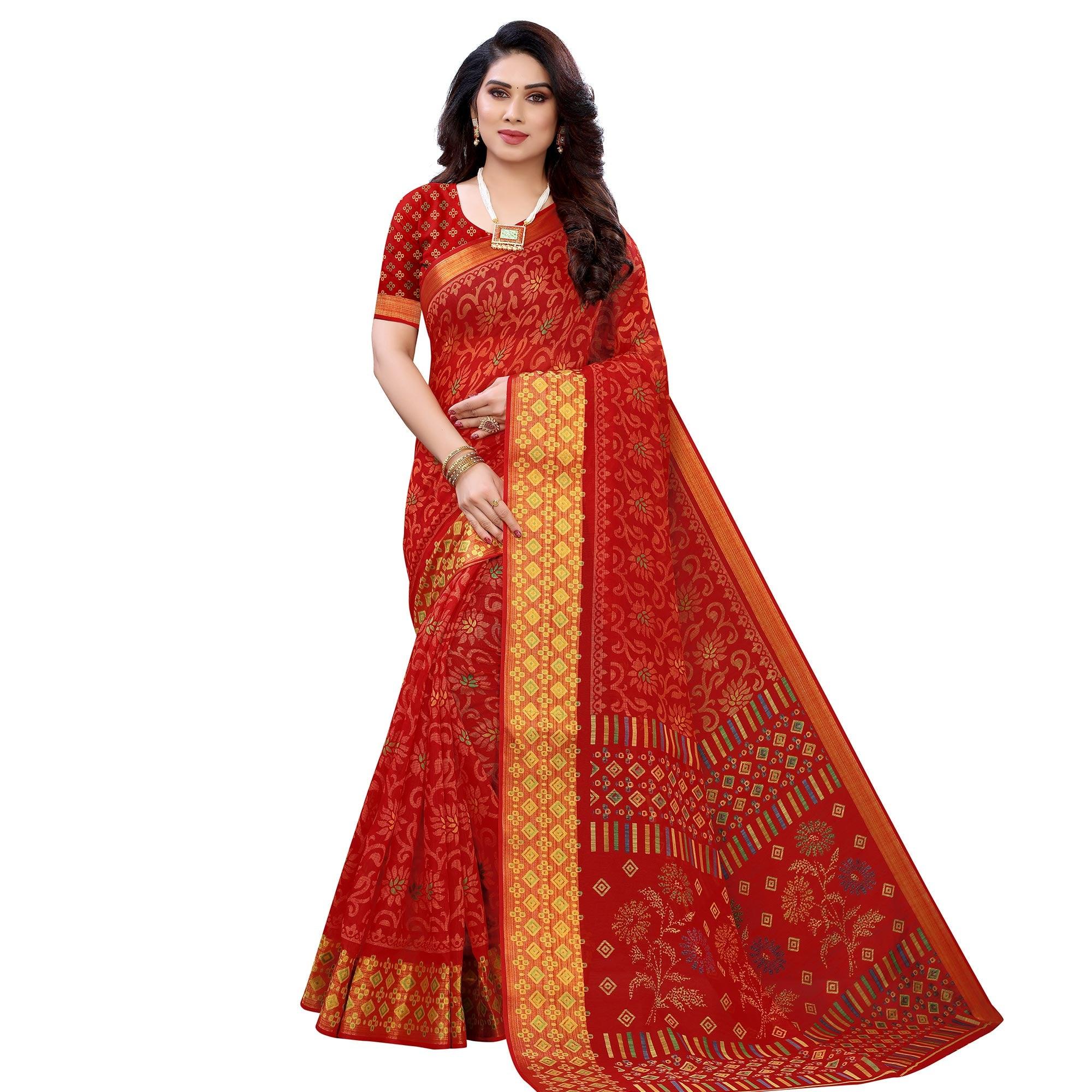 Red Casual Wear Fancy Printed Heavy Linen Saree With Zari Border - Peachmode