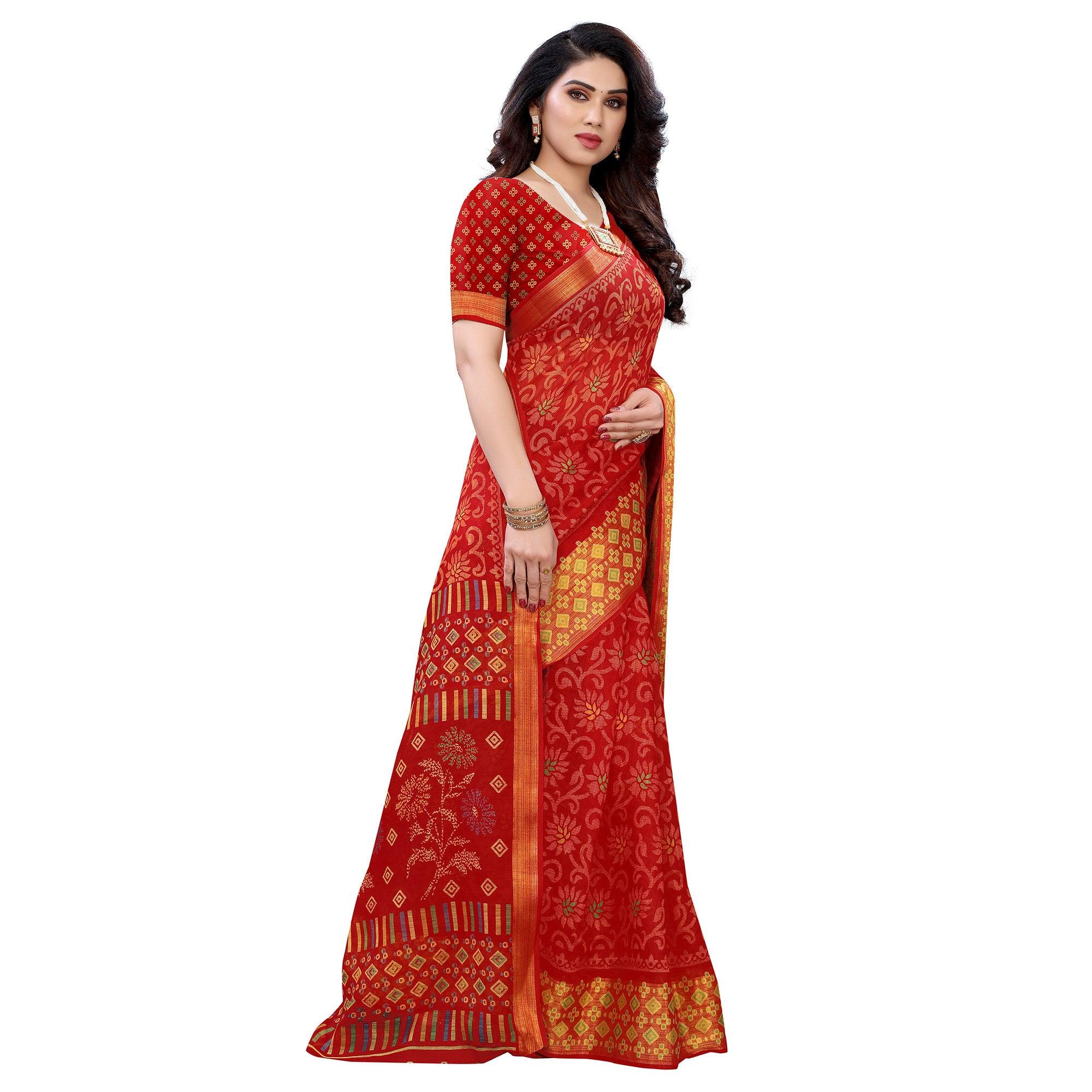 Red Casual Wear Fancy Printed Heavy Linen Saree With Zari Border - Peachmode