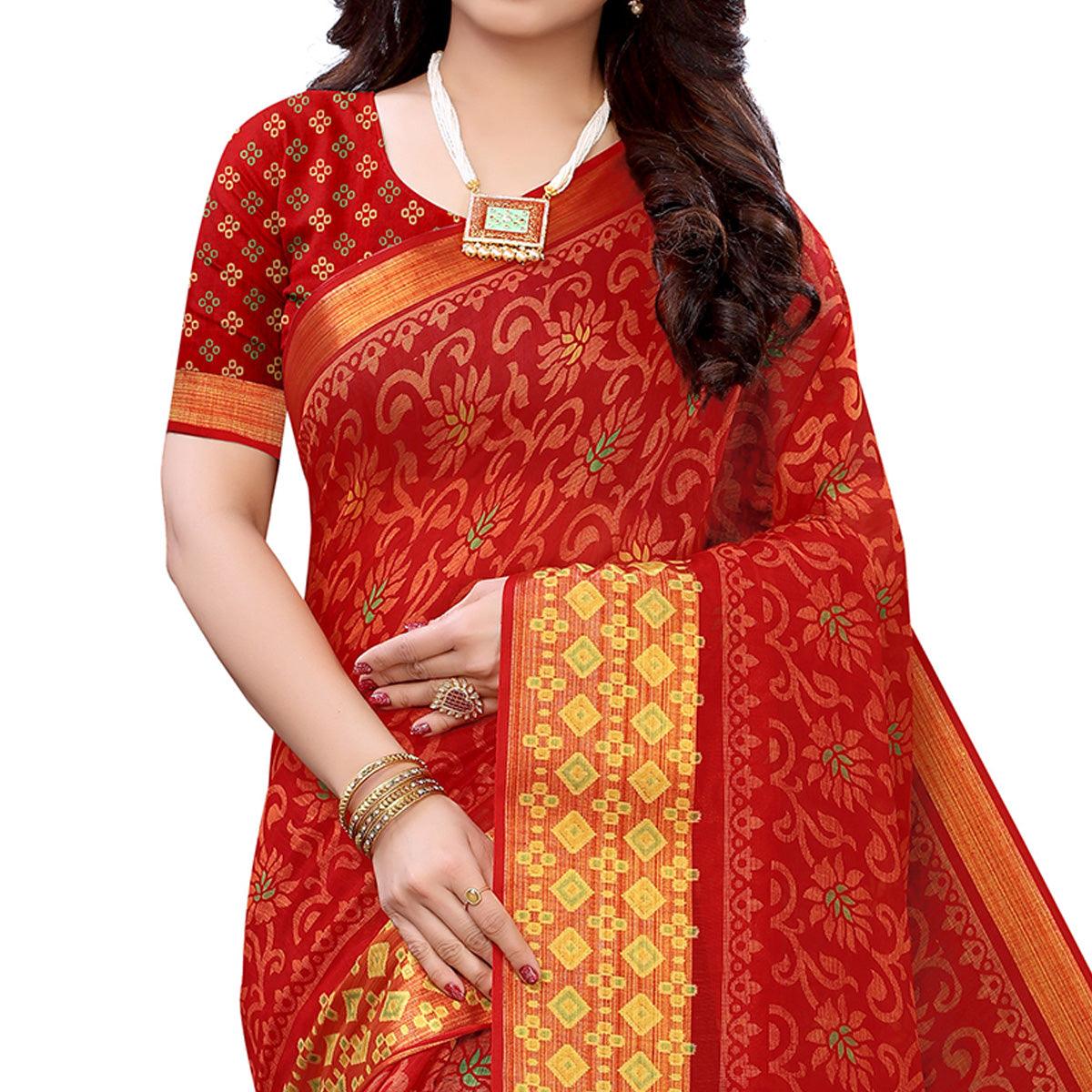 Red Casual Wear Fancy Printed Heavy Linen Saree With Zari Border - Peachmode