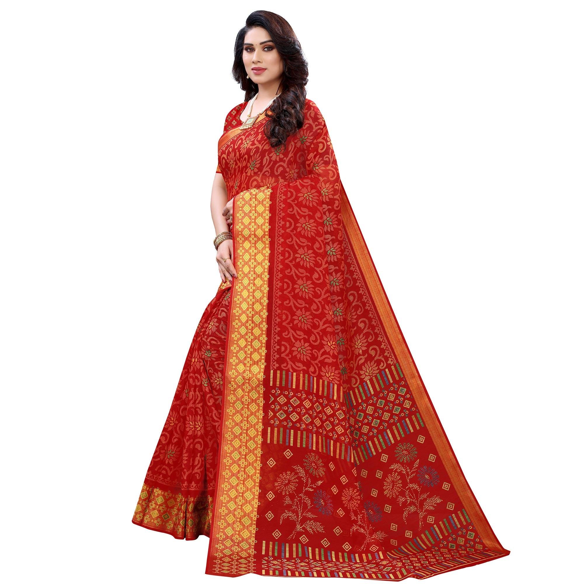 Red Casual Wear Fancy Printed Heavy Linen Saree With Zari Border - Peachmode