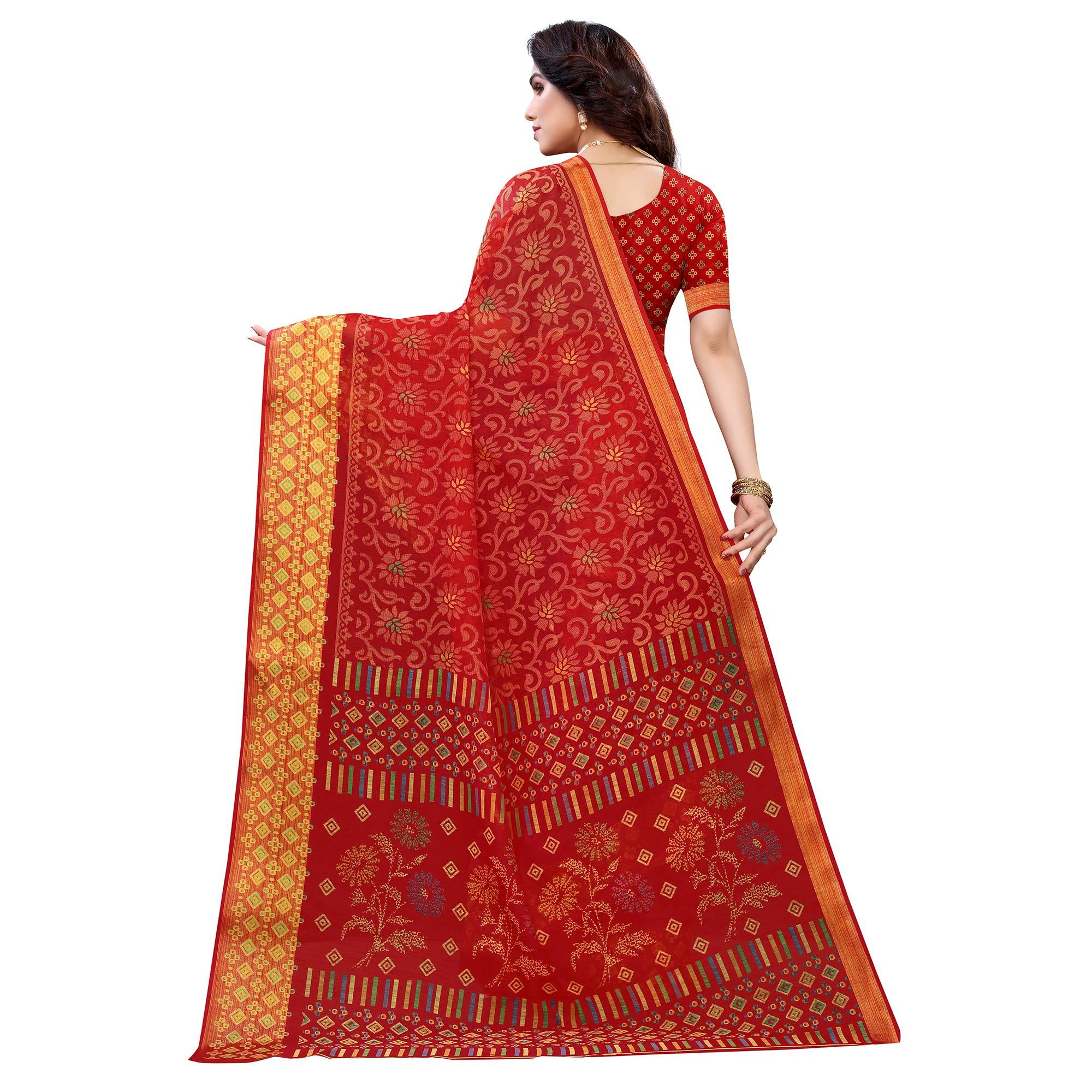 Red Casual Wear Fancy Printed Heavy Linen Saree With Zari Border - Peachmode