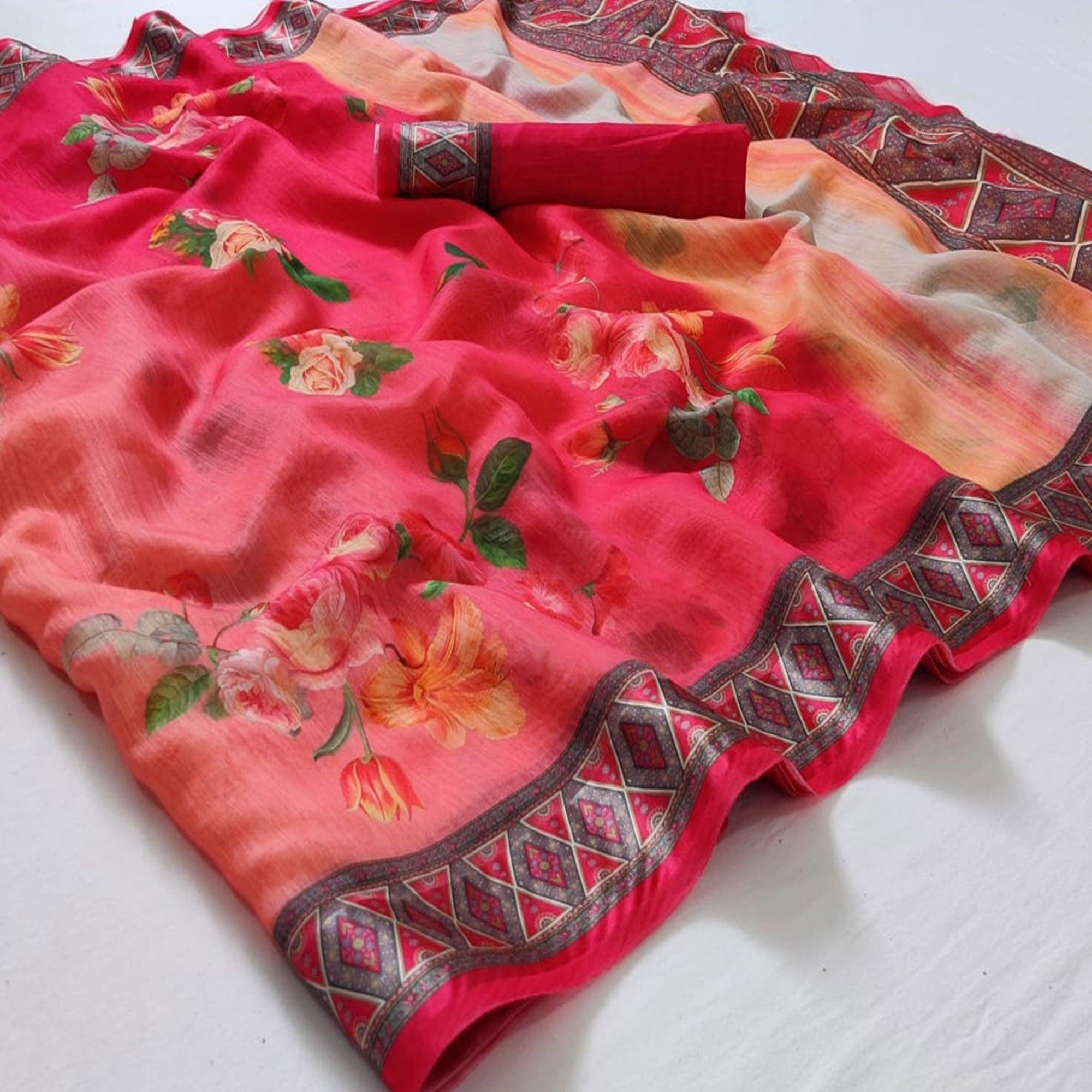 Red Casual Wear Floral Digital Printed Linen Saree - Peachmode