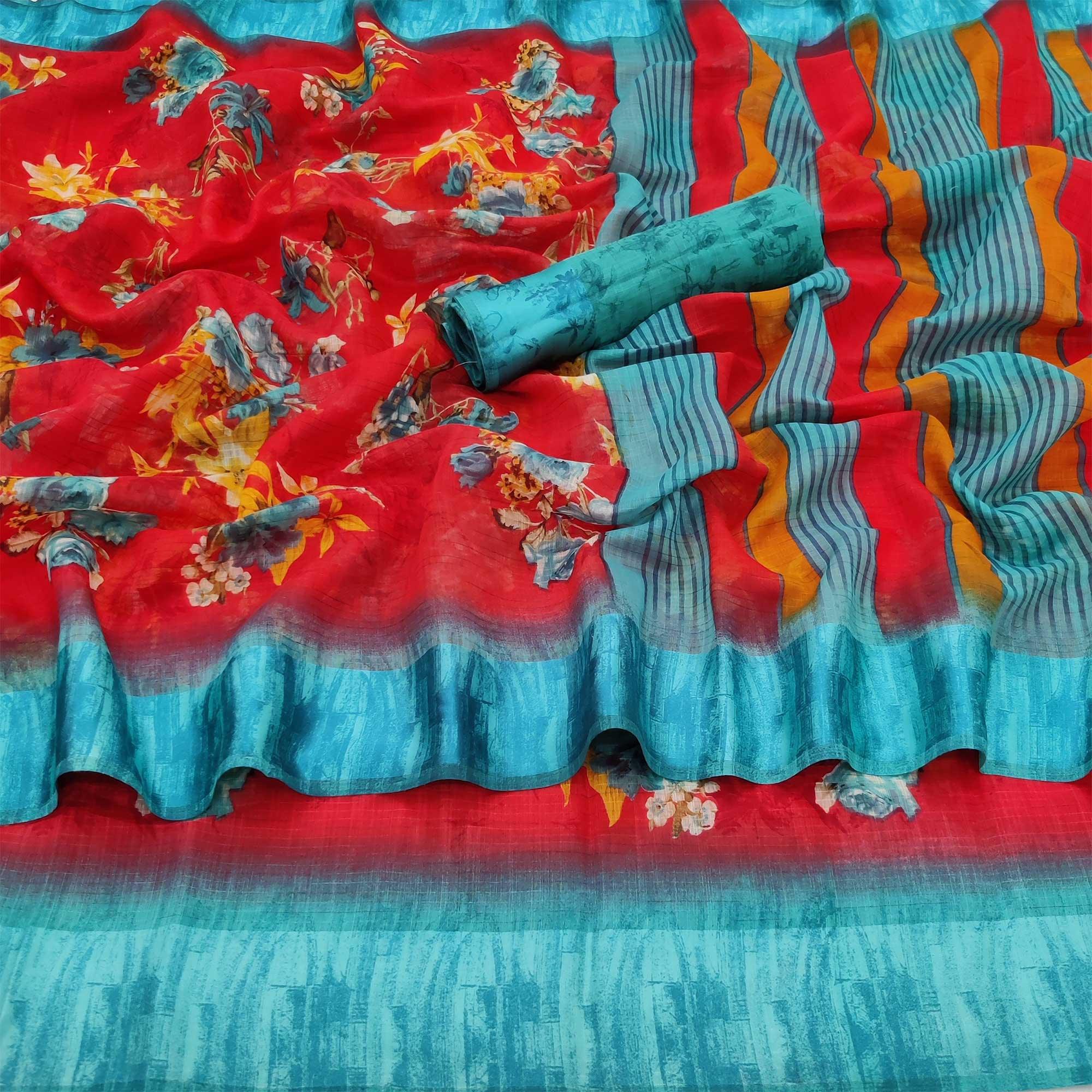 Red Casual Wear Floral Digital Printed linen Saree - Peachmode