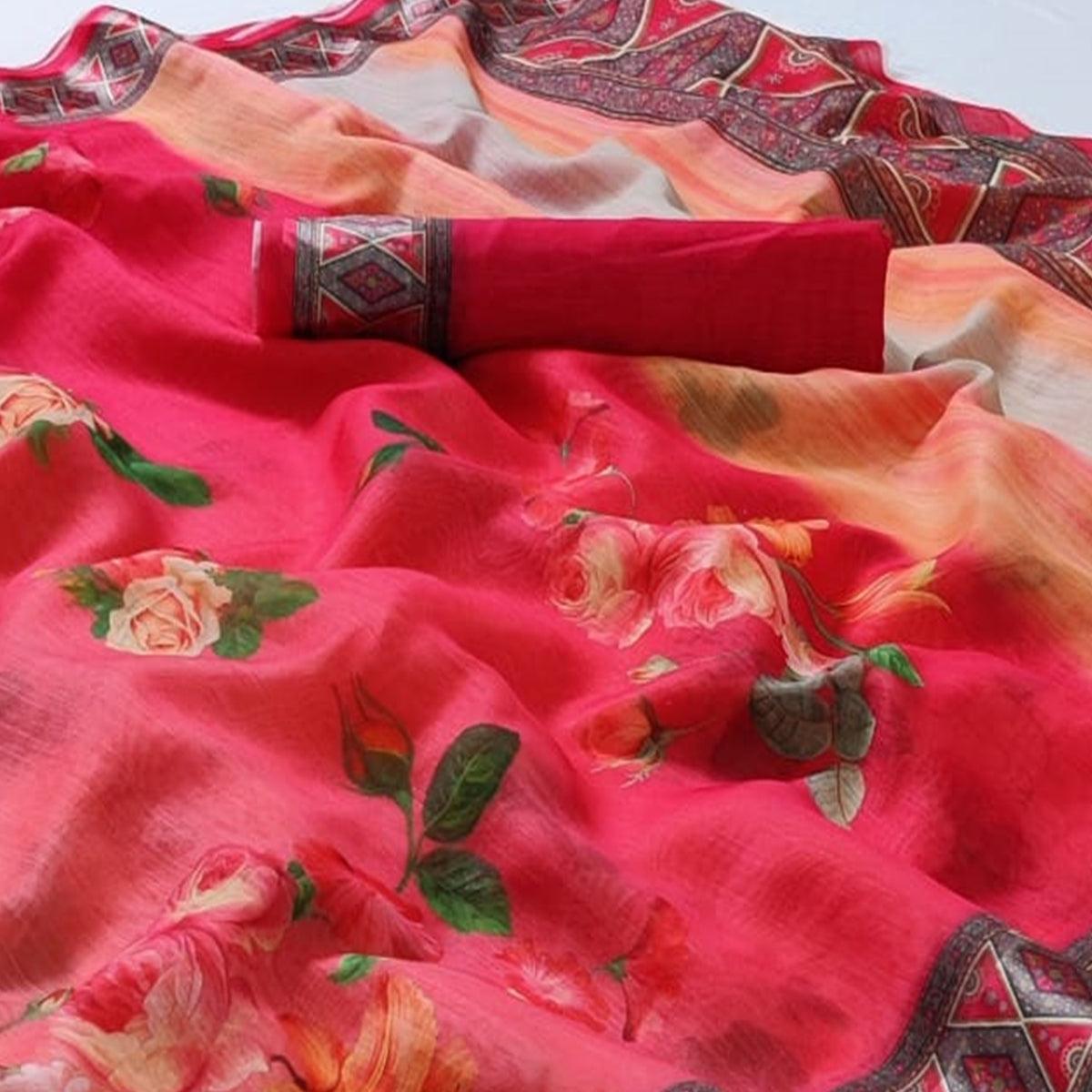 Red Casual Wear Floral Digital Printed Linen Saree - Peachmode
