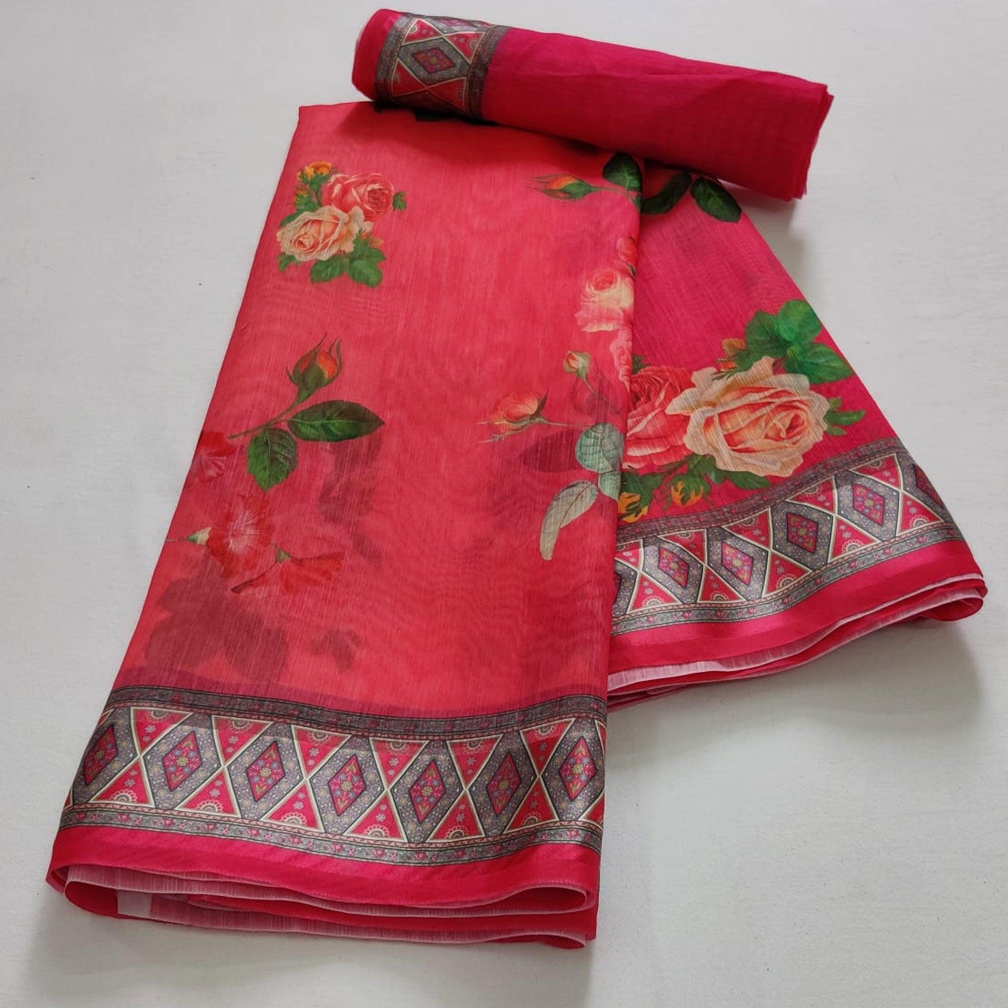 Red Casual Wear Floral Digital Printed Linen Saree - Peachmode