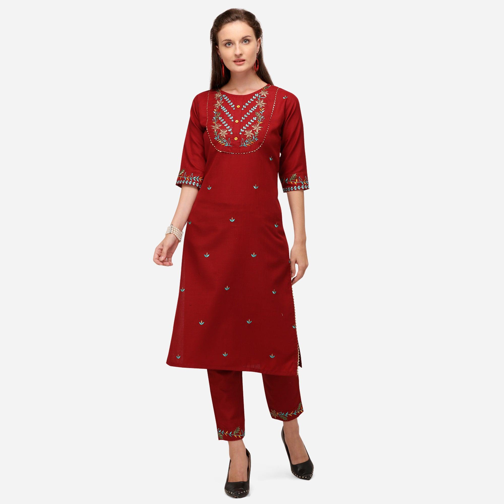 Red Casual Wear Floral Embroidered Cotton Kurti Pant Set - Peachmode