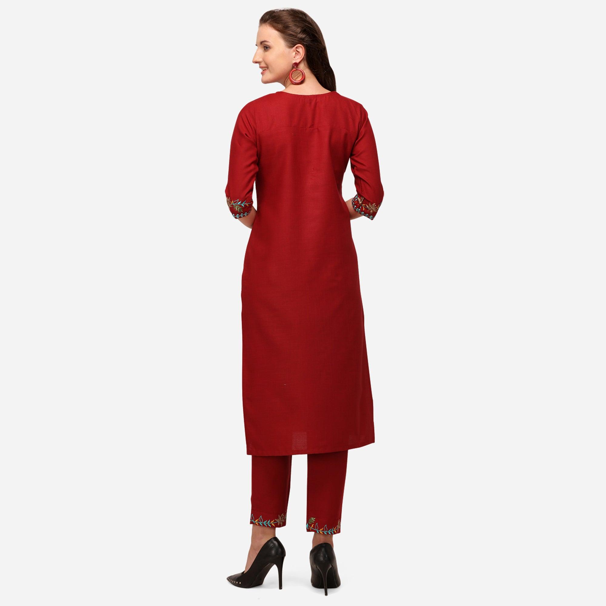 Red Casual Wear Floral Embroidered Cotton Kurti Pant Set - Peachmode