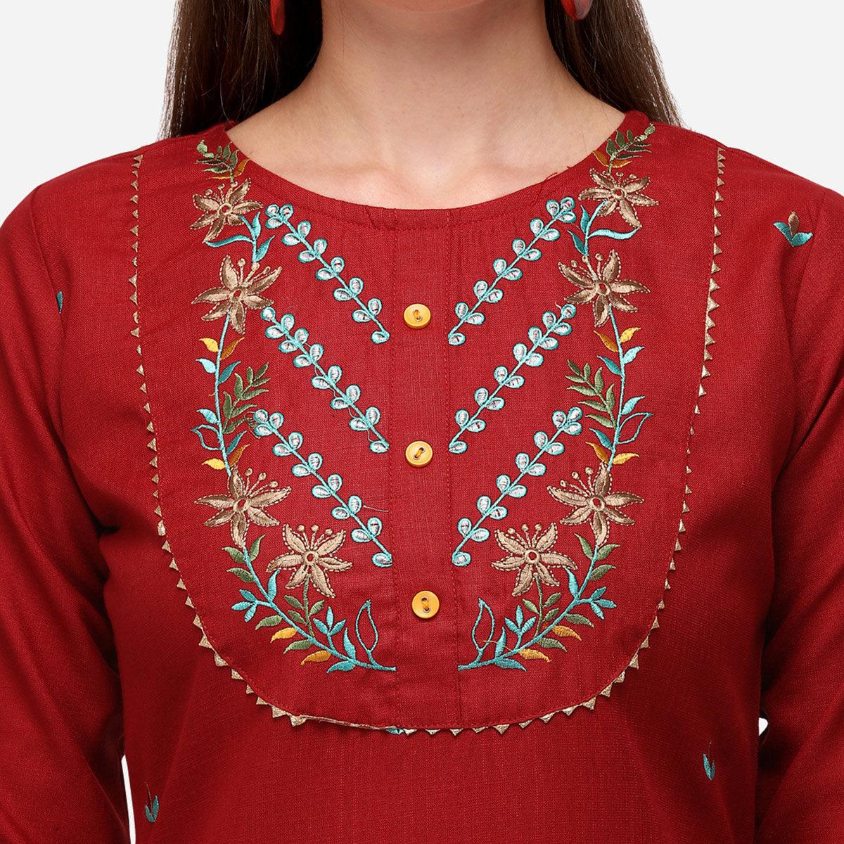 Red Casual Wear Floral Embroidered Cotton Kurti Pant Set - Peachmode