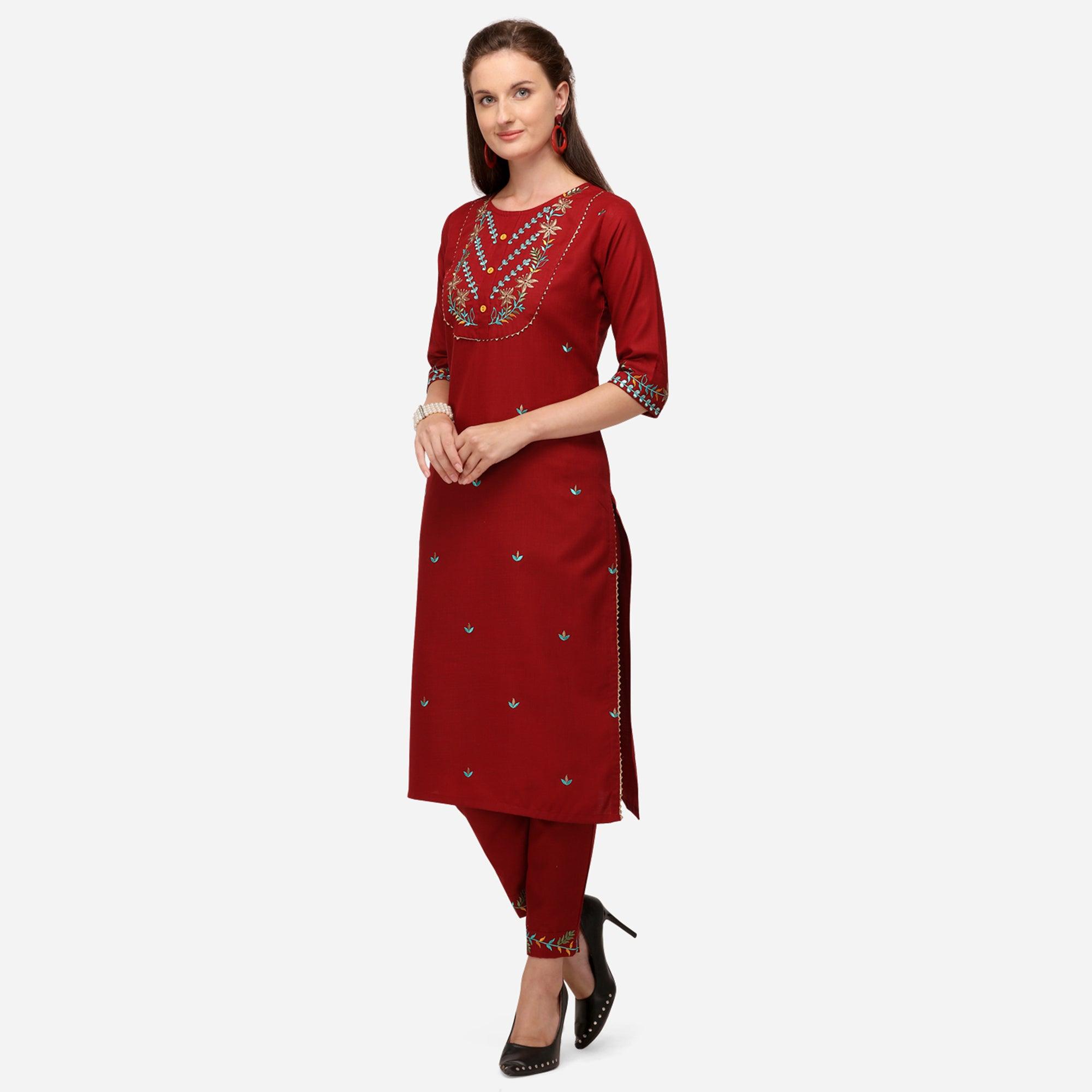 Red Casual Wear Floral Embroidered Cotton Kurti Pant Set - Peachmode