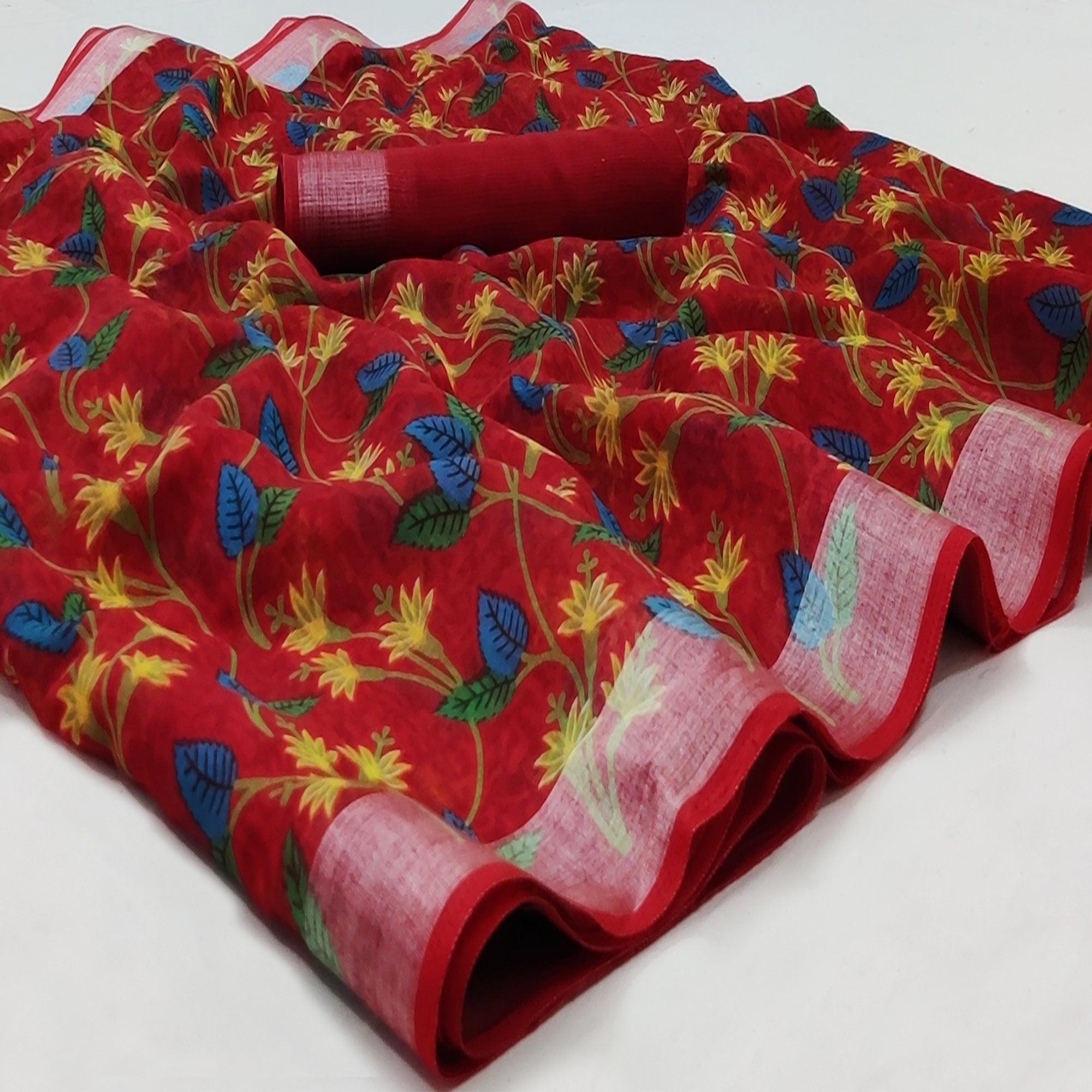 Red Casual Wear Floral Mill Printed Cotton Saree With Zari Border - Peachmode