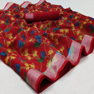 Red Casual Wear Floral Mill Printed Cotton Saree With Zari Border - Peachmode