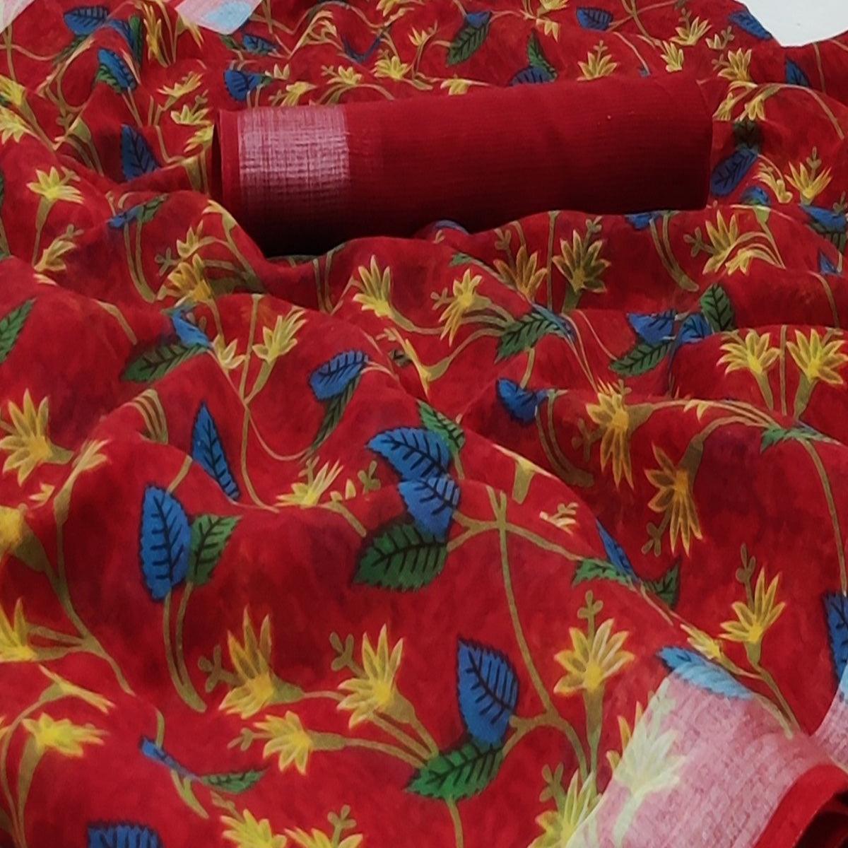 Red Casual Wear Floral Mill Printed Cotton Saree With Zari Border - Peachmode