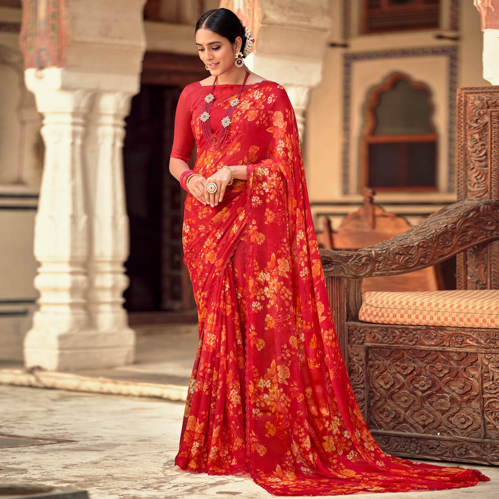 Red Casual Wear Floral Printed Alfino Saree With Fancy Diamond Lace - Peachmode