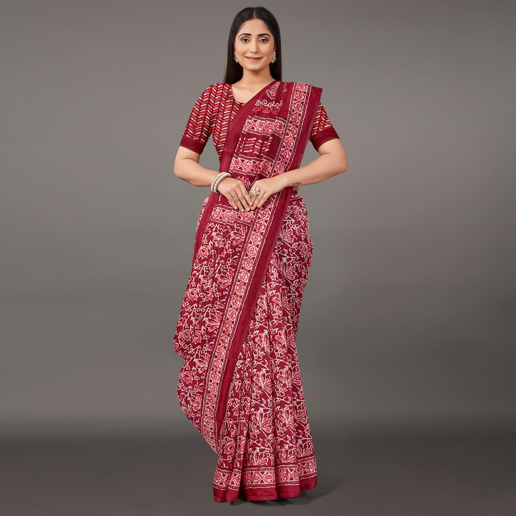 Red Casual Wear Floral Printed Art Silk Saree - Peachmode