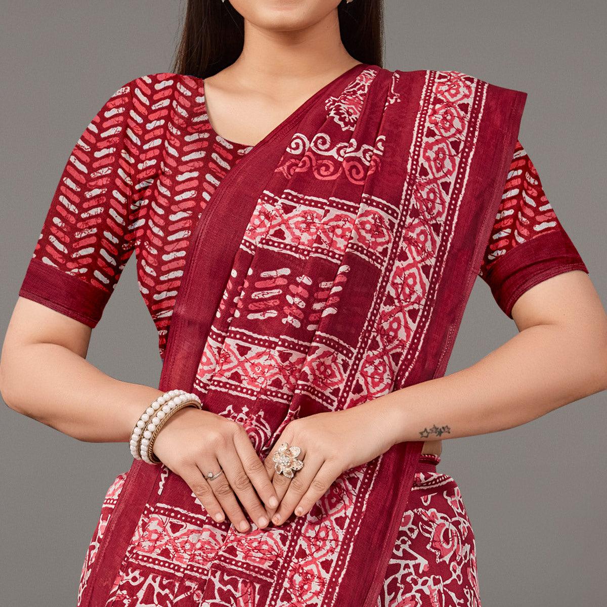 Red Casual Wear Floral Printed Art Silk Saree - Peachmode