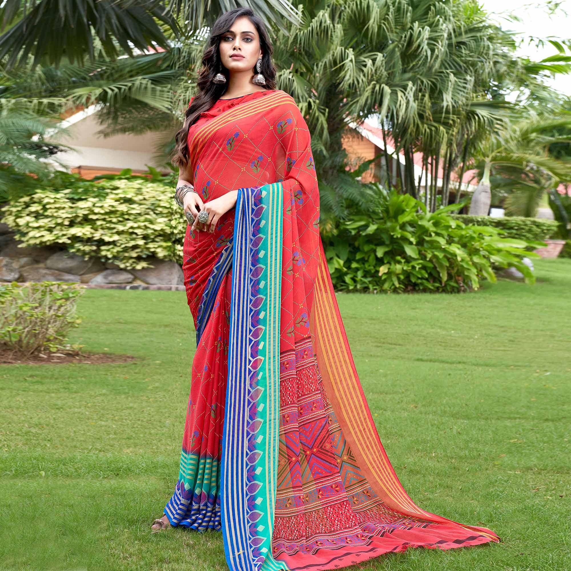 Red Casual Wear Floral Printed Chiffon Saree - Peachmode