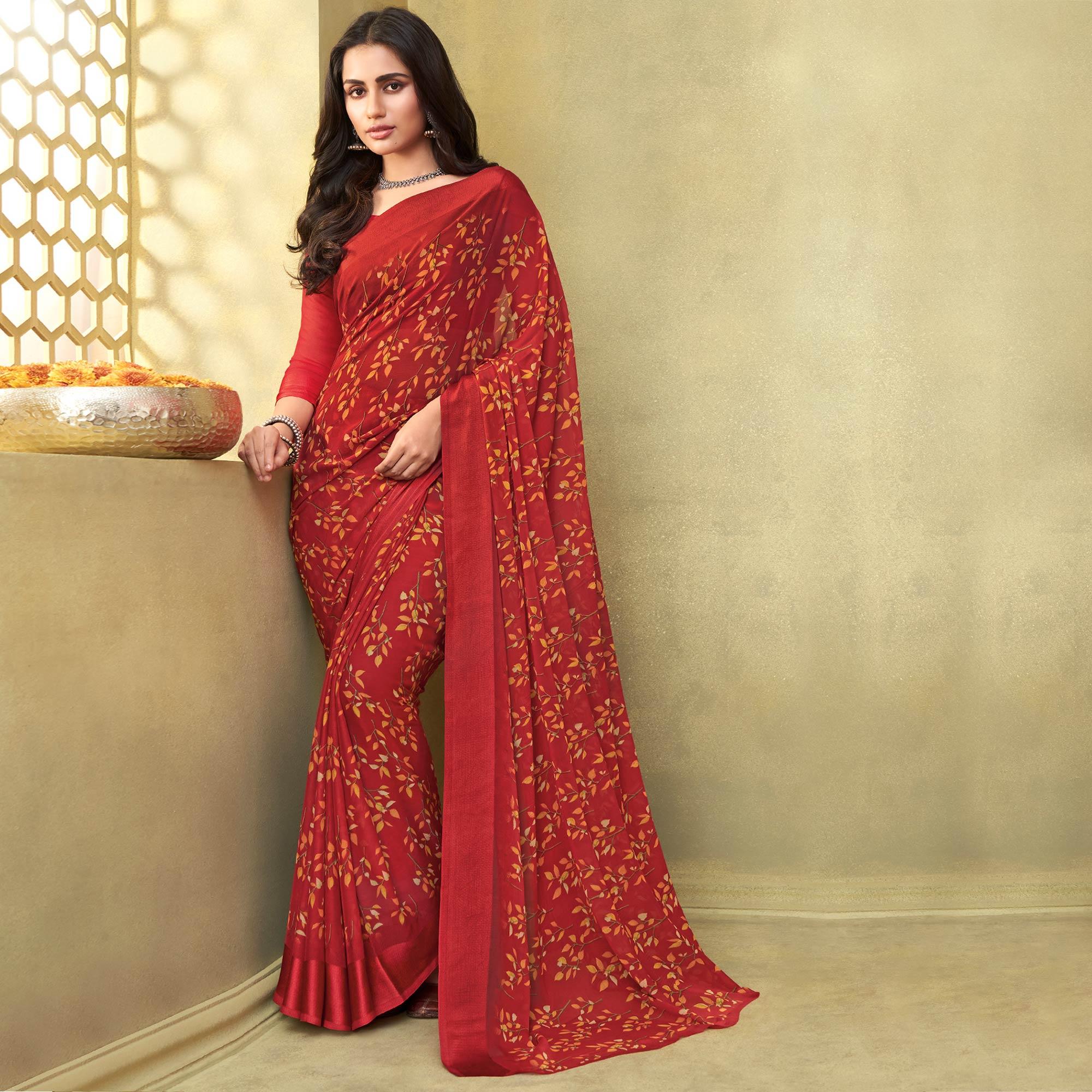 Red Casual Wear Floral Printed Chiffon Saree - Peachmode