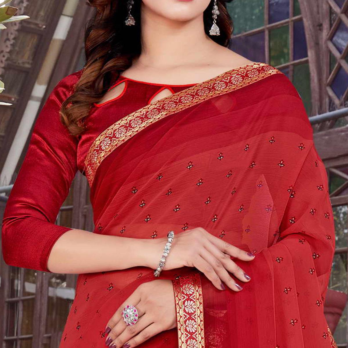 Red Casual Wear Floral Printed Chiffon Saree - Peachmode