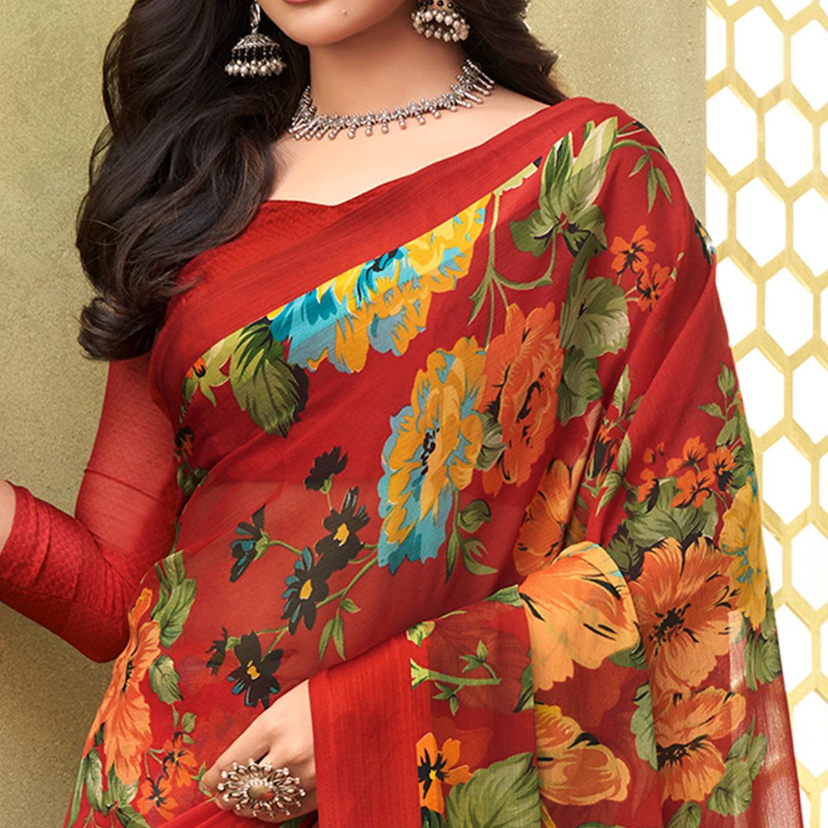 Red Casual Wear Floral Printed Chiffon Saree - Peachmode