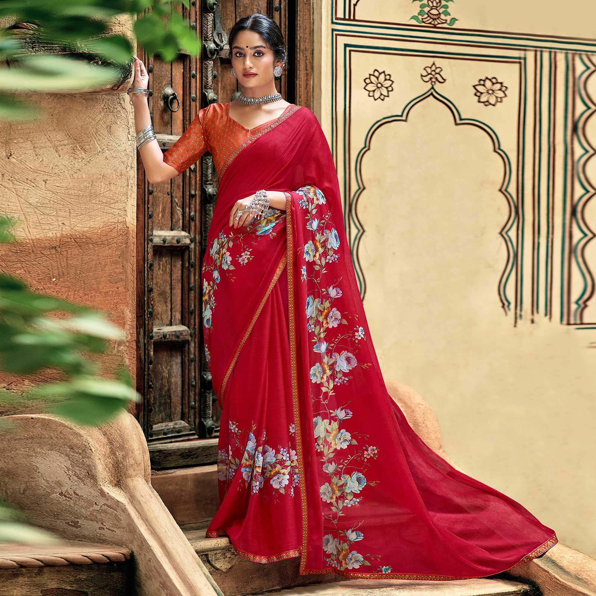 Red Casual Wear Floral Printed Chiffon Saree With Fancy Blouse - Peachmode