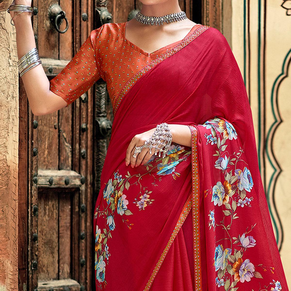 Red Casual Wear Floral Printed Chiffon Saree With Fancy Blouse - Peachmode