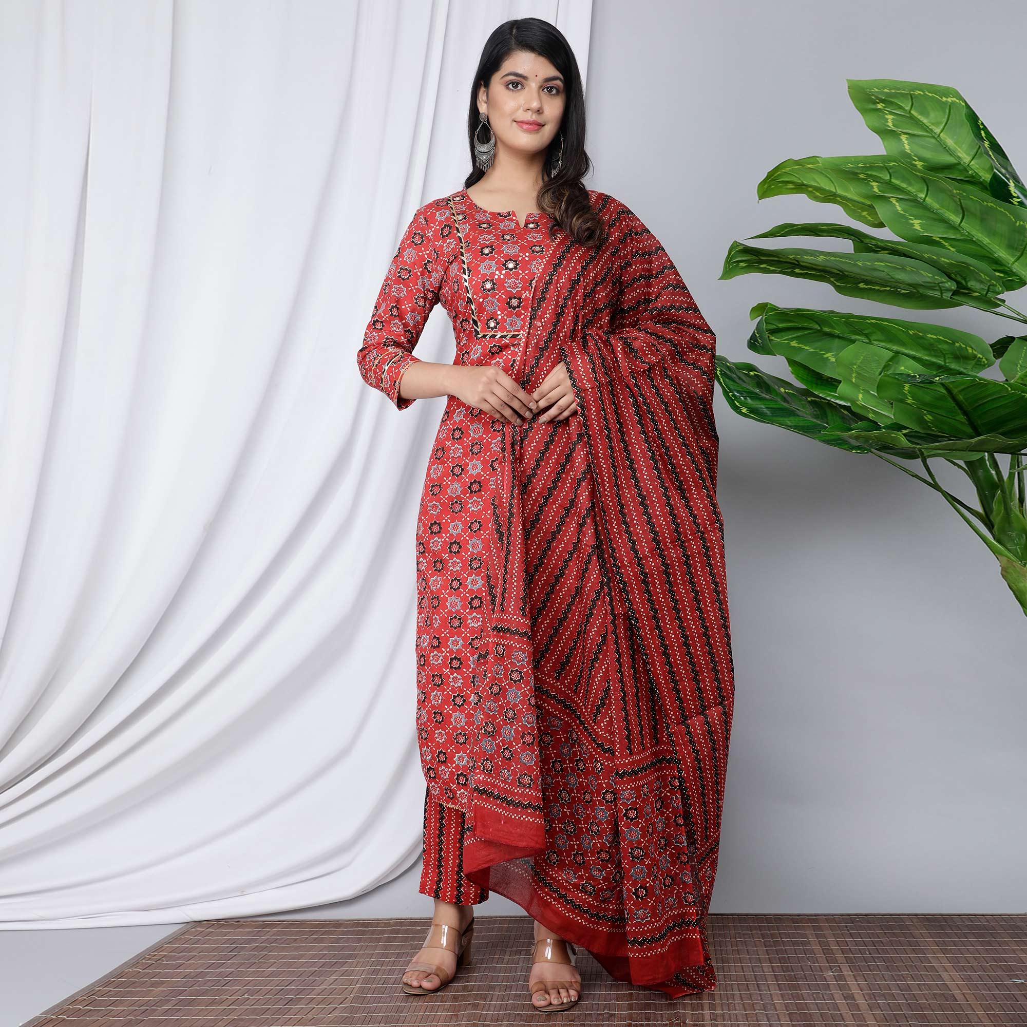 Red Casual Wear Floral Printed Cotton Kurti - Pant Set With Dupatta - Peachmode