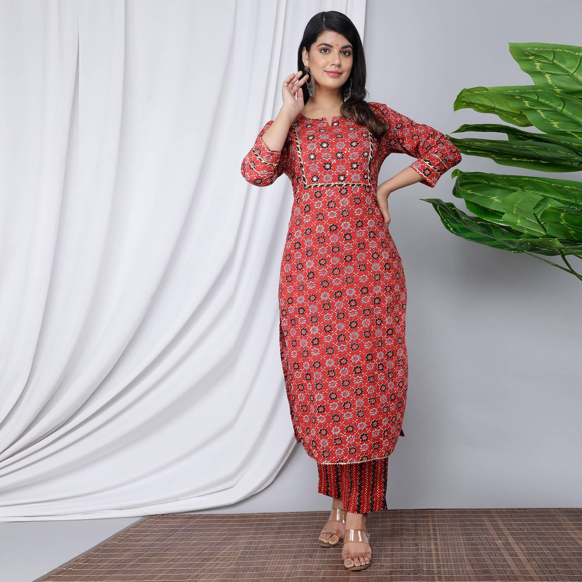 Red Casual Wear Floral Printed Cotton Kurti - Pant Set With Dupatta - Peachmode