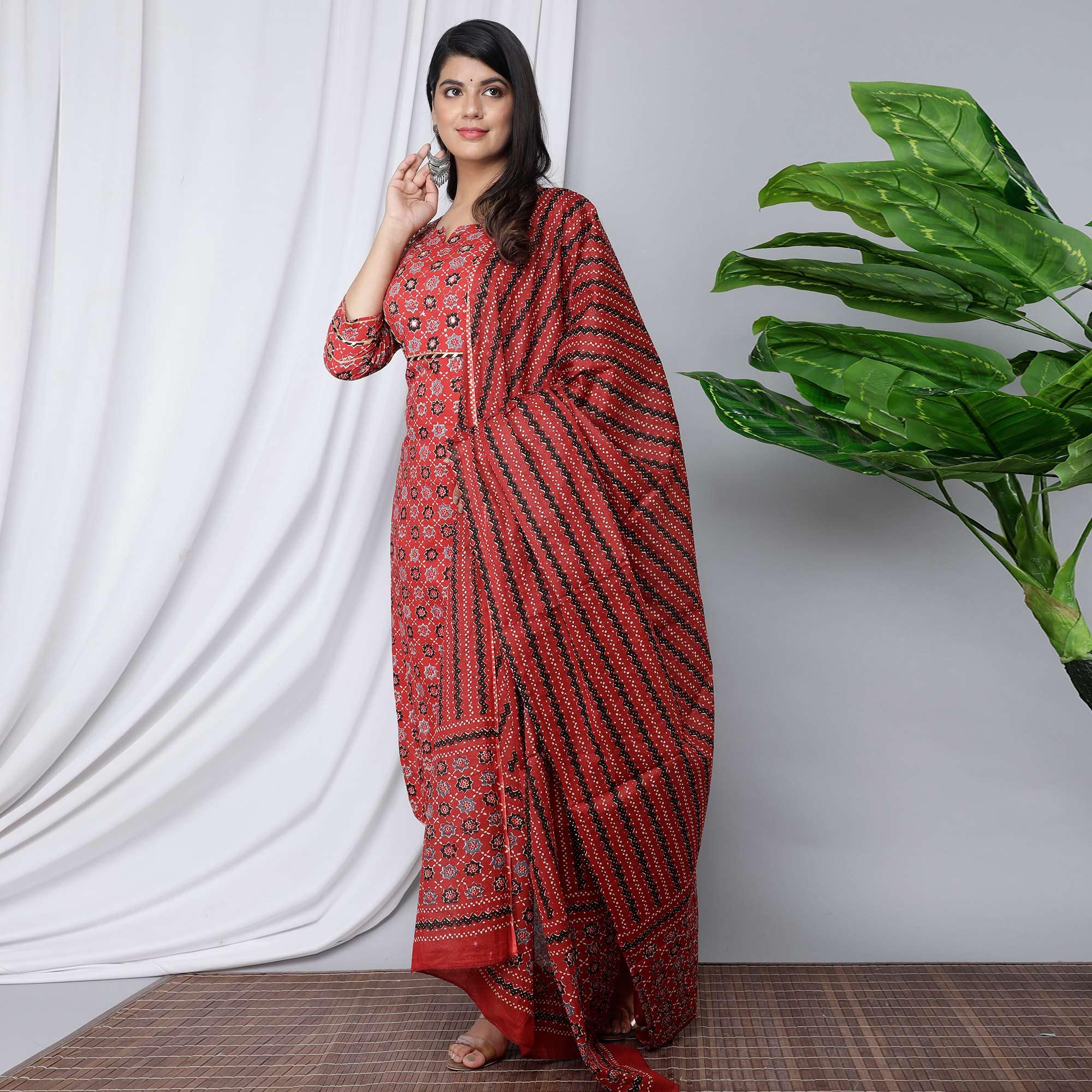 Red Casual Wear Floral Printed Cotton Kurti - Pant Set With Dupatta - Peachmode