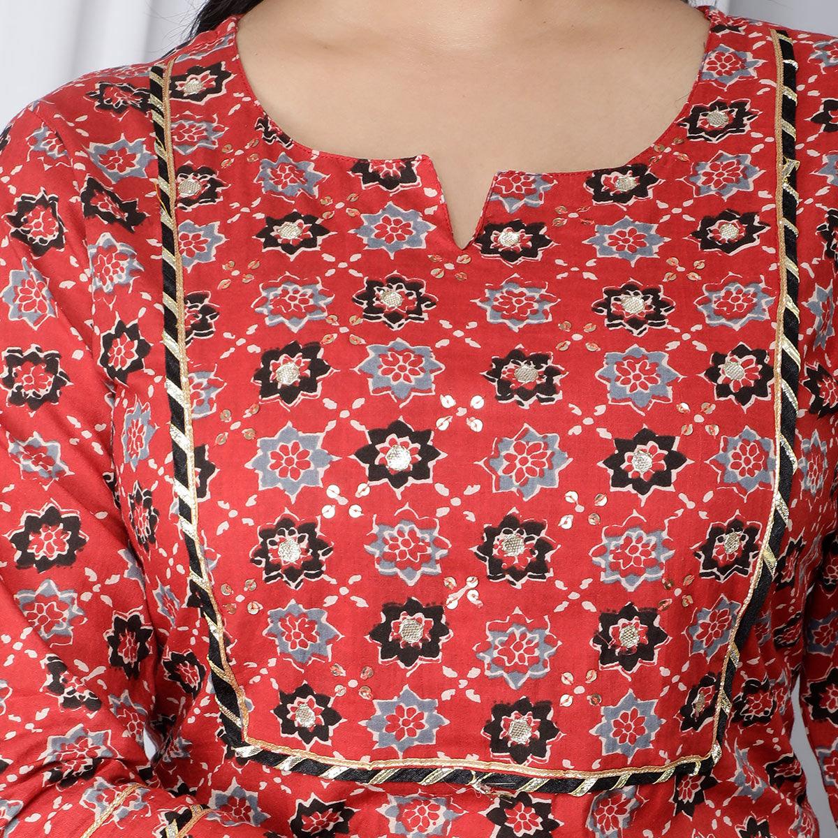Red Casual Wear Floral Printed Cotton Kurti - Pant Set With Dupatta - Peachmode