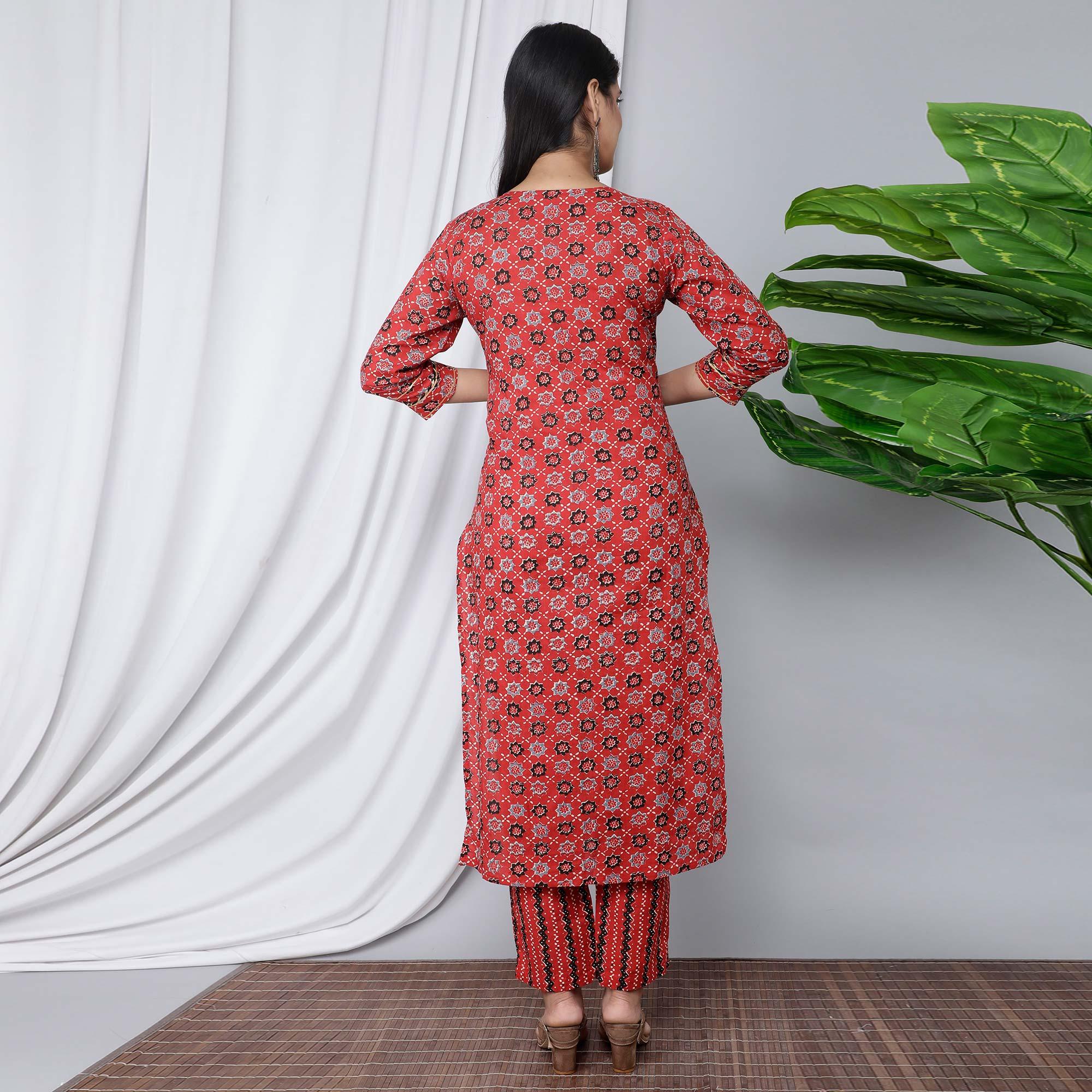 Red Casual Wear Floral Printed Cotton Kurti - Pant Set With Dupatta - Peachmode