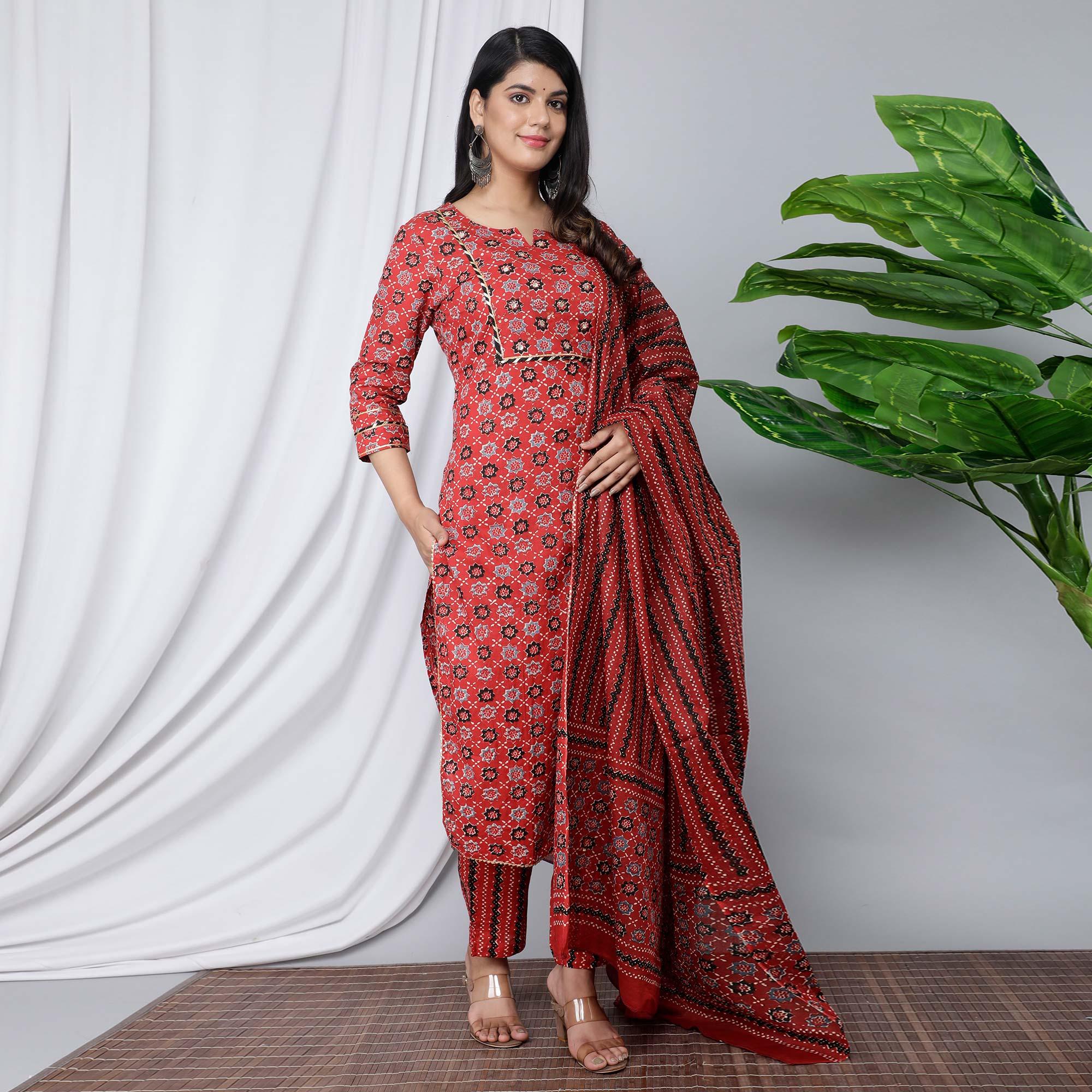 Red Casual Wear Floral Printed Cotton Kurti - Pant Set With Dupatta - Peachmode