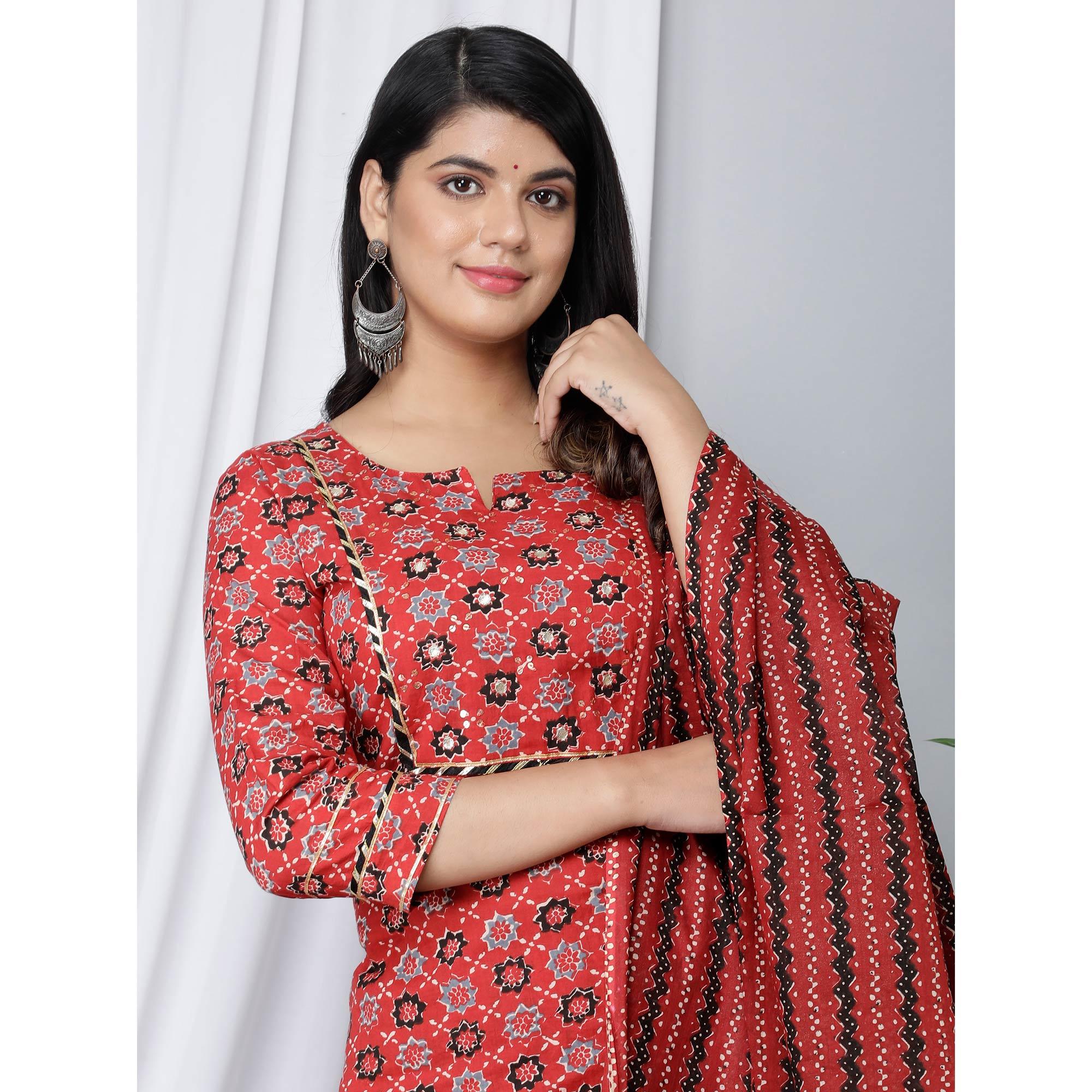 Red Casual Wear Floral Printed Cotton Kurti - Pant Set With Dupatta - Peachmode